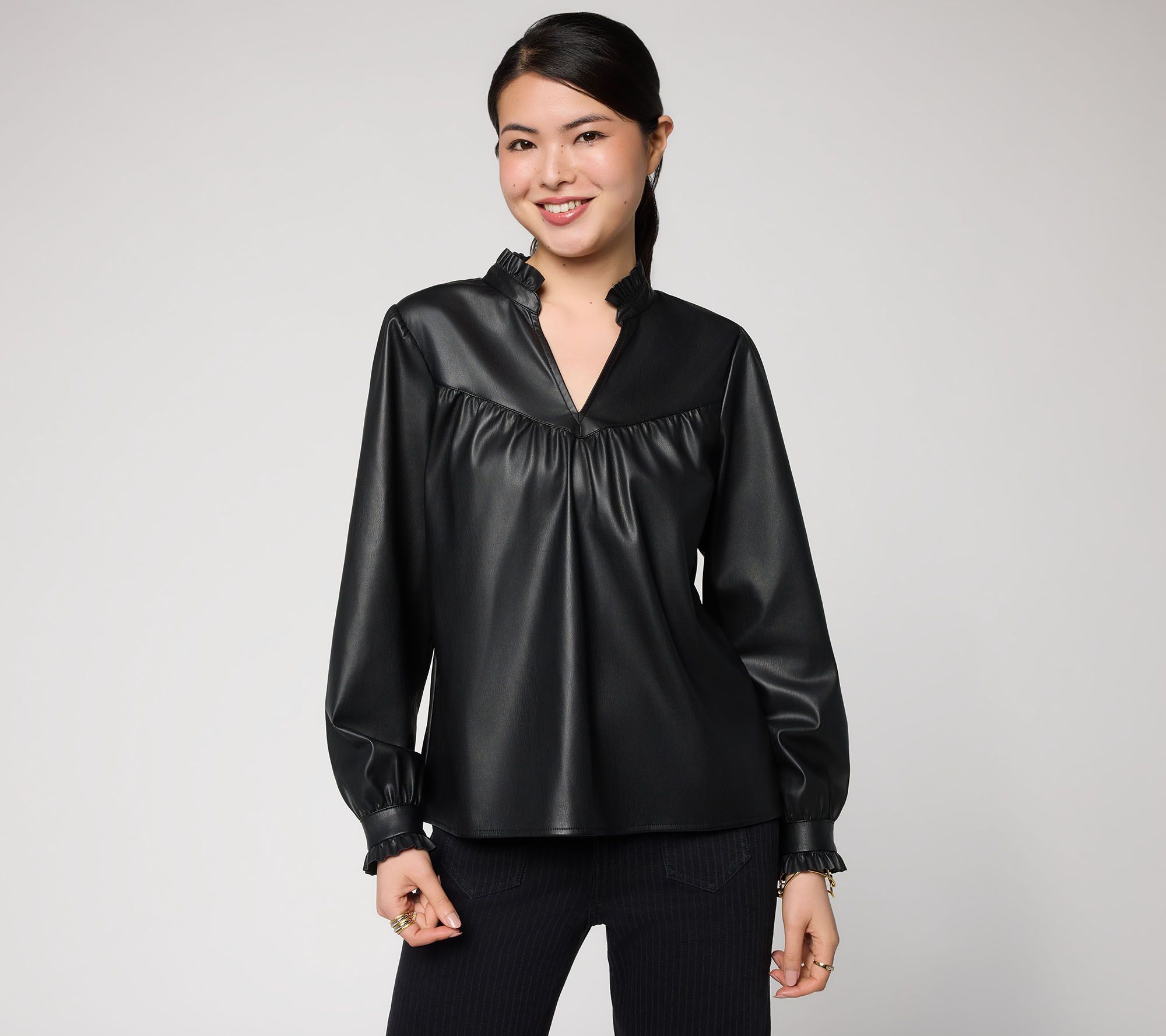 Me by Jennie Garth Faux Leather Extended Yoke Top
