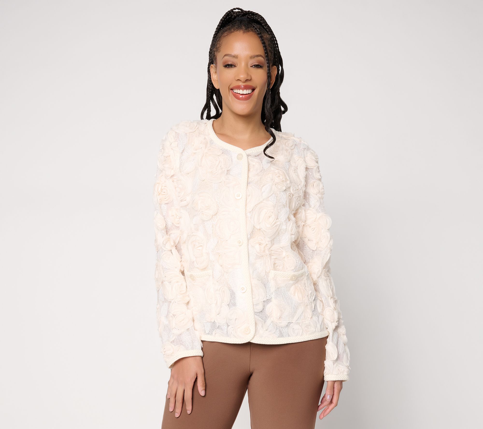 "As Is" Dennis Basso Organza Rosettes Jacket with Braided Trim