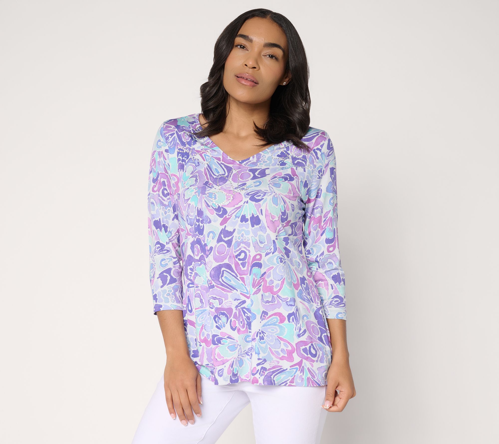 "As Is" Quacker Factory Kaleidoscope Butterfly 3/4 Sleeve Top