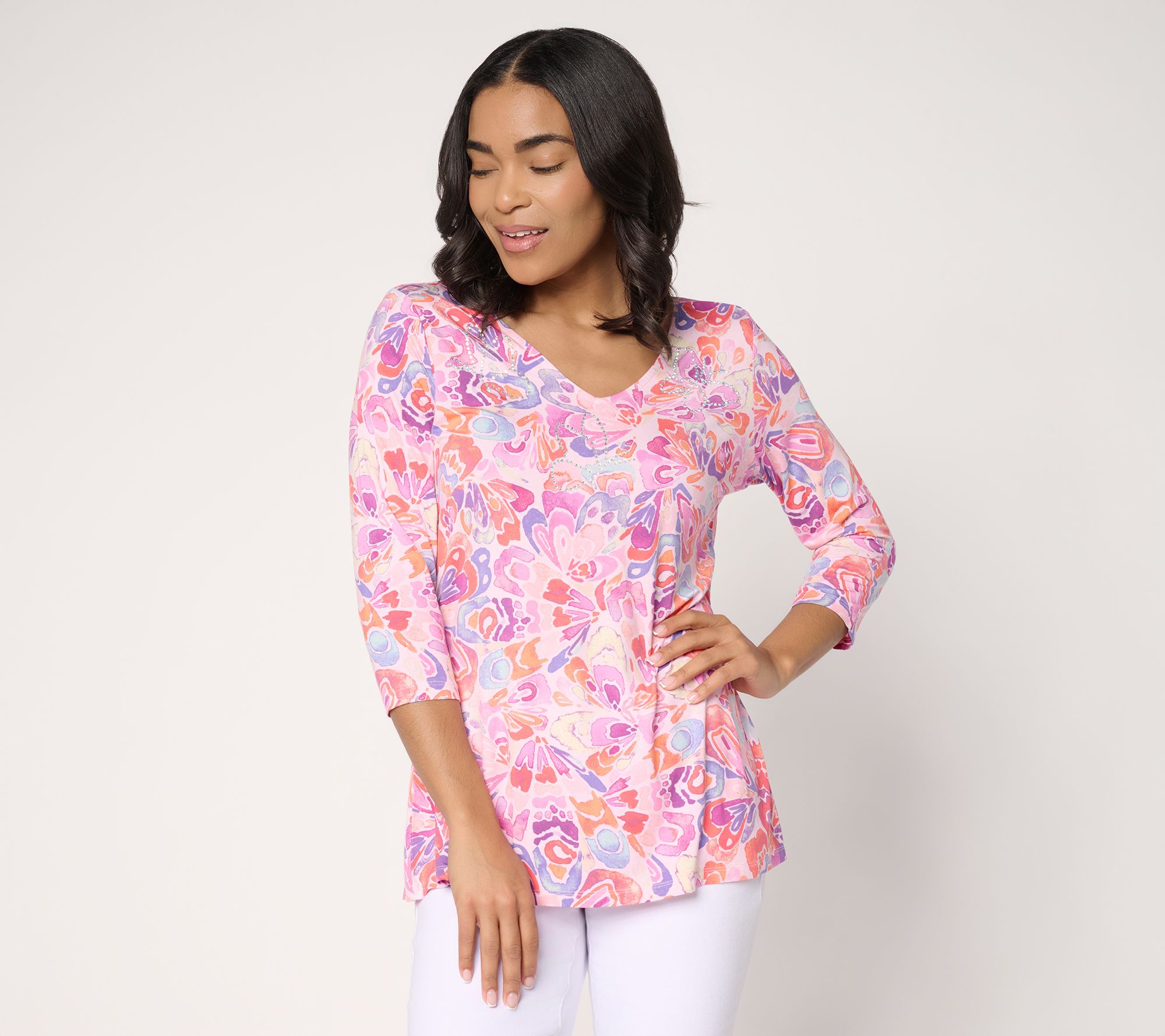 "As Is" Quacker Factory Kaleidoscope Butterfly 3/4 Sleeve Top