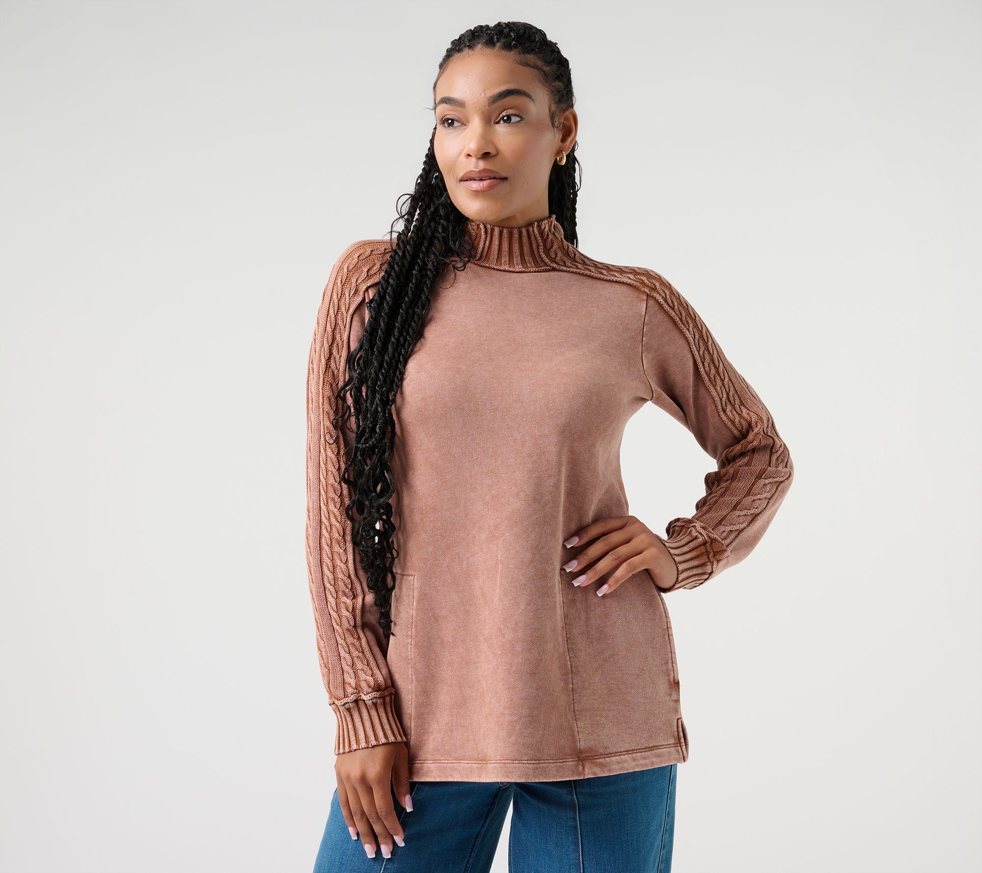 LOGO by Lori Goldstein Regular Mock Neck Mixed Media Top