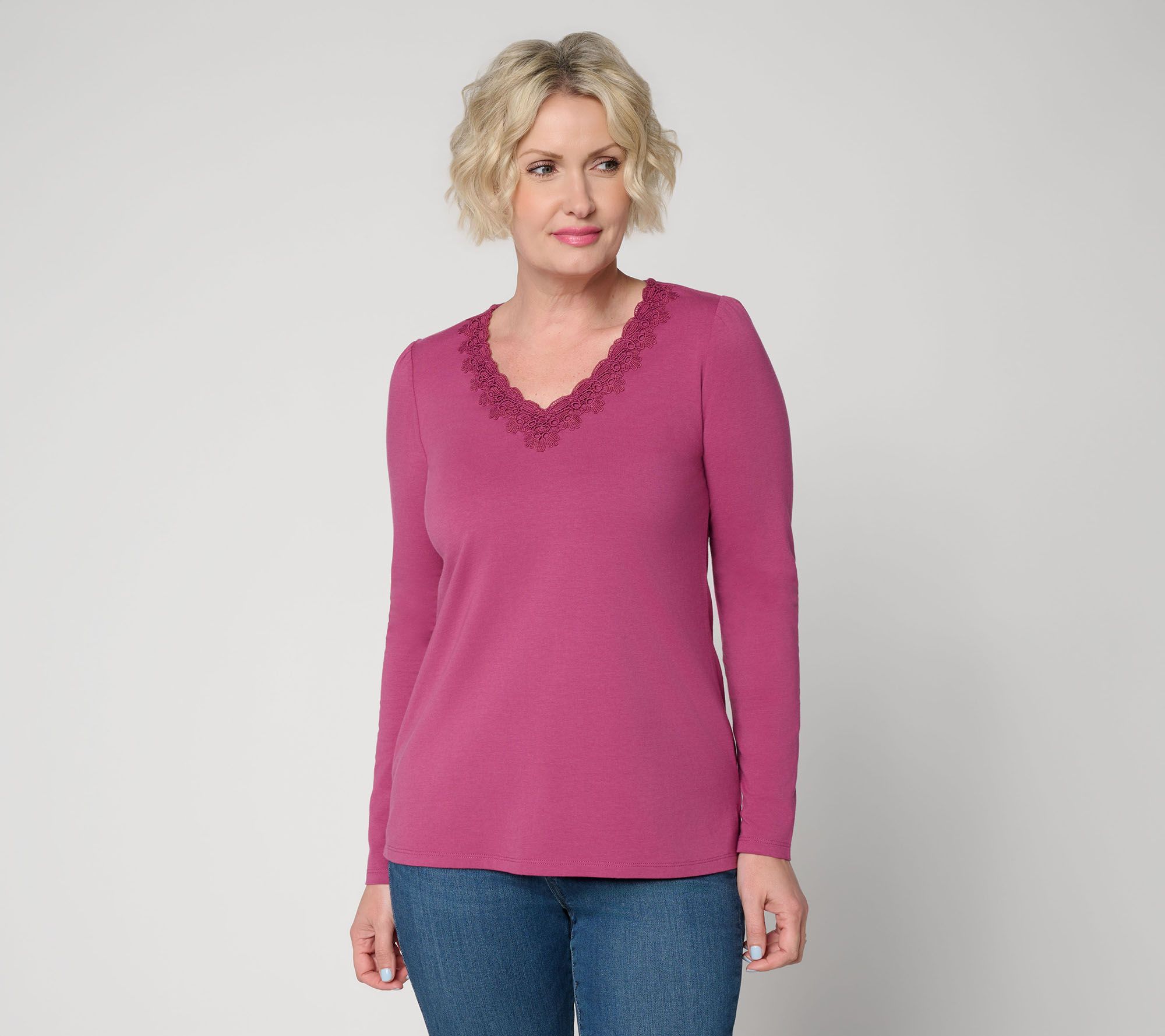 "As Is" Belle by Kim Gravel TripleLuxe Knit Floral Lace Trim V Neck Top