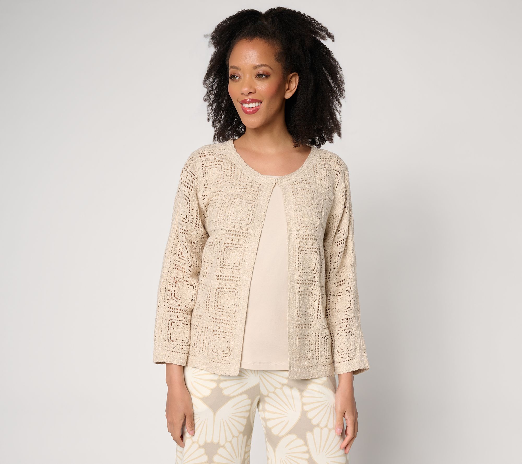 "As Is" Susan Graver Metallic Crochet Lace Sweater Knit Shrug