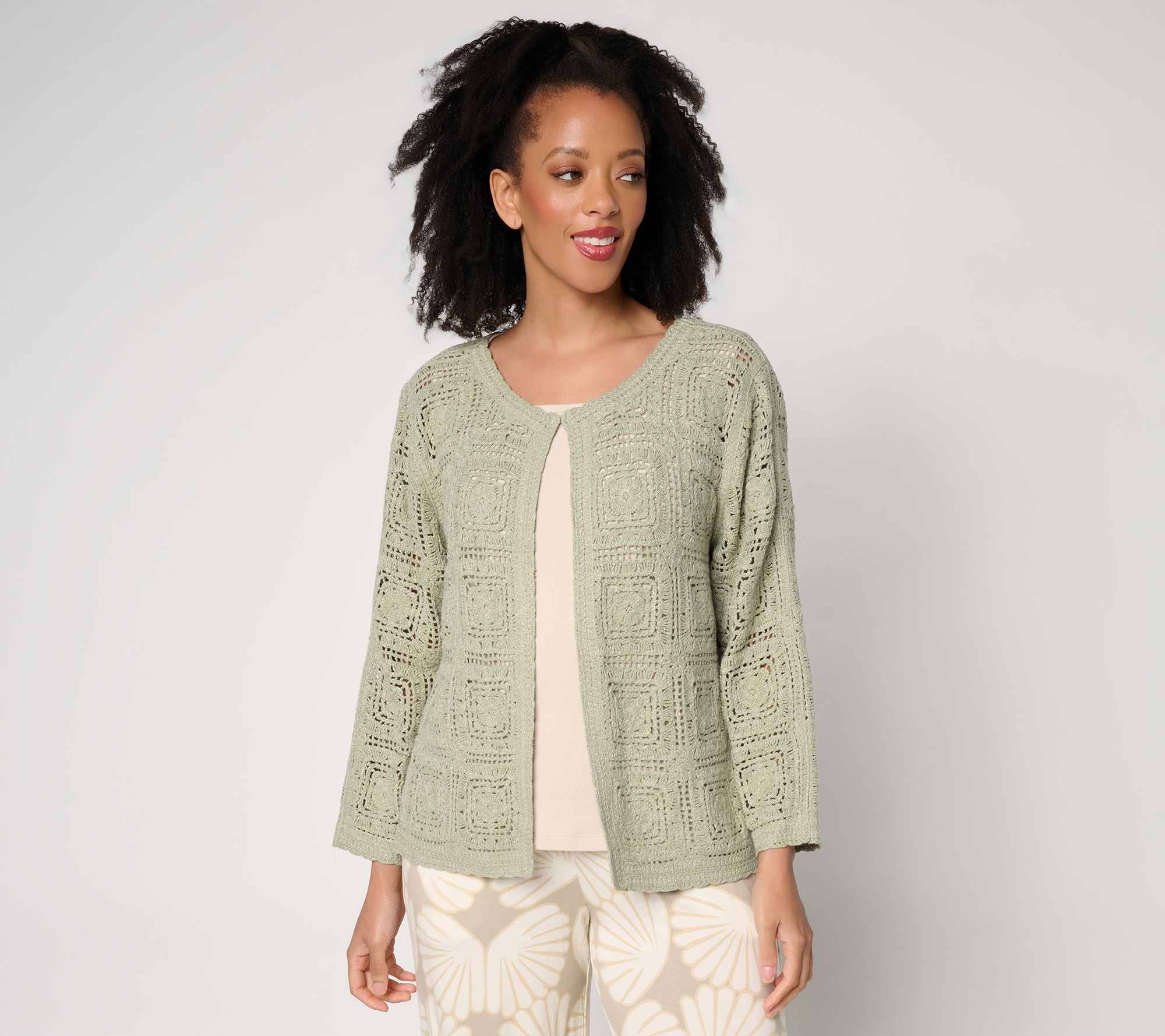"As Is" Susan Graver Metallic Crochet Lace Sweater Knit Shrug