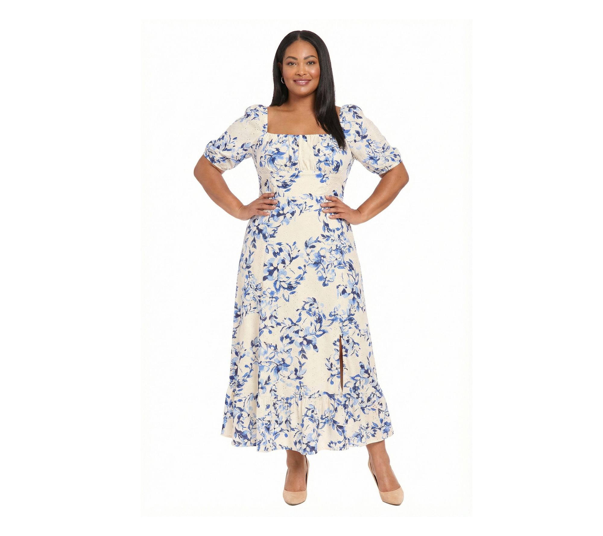 London Times Plus Eyelet Printed Puff Sleeve Ruched Dress