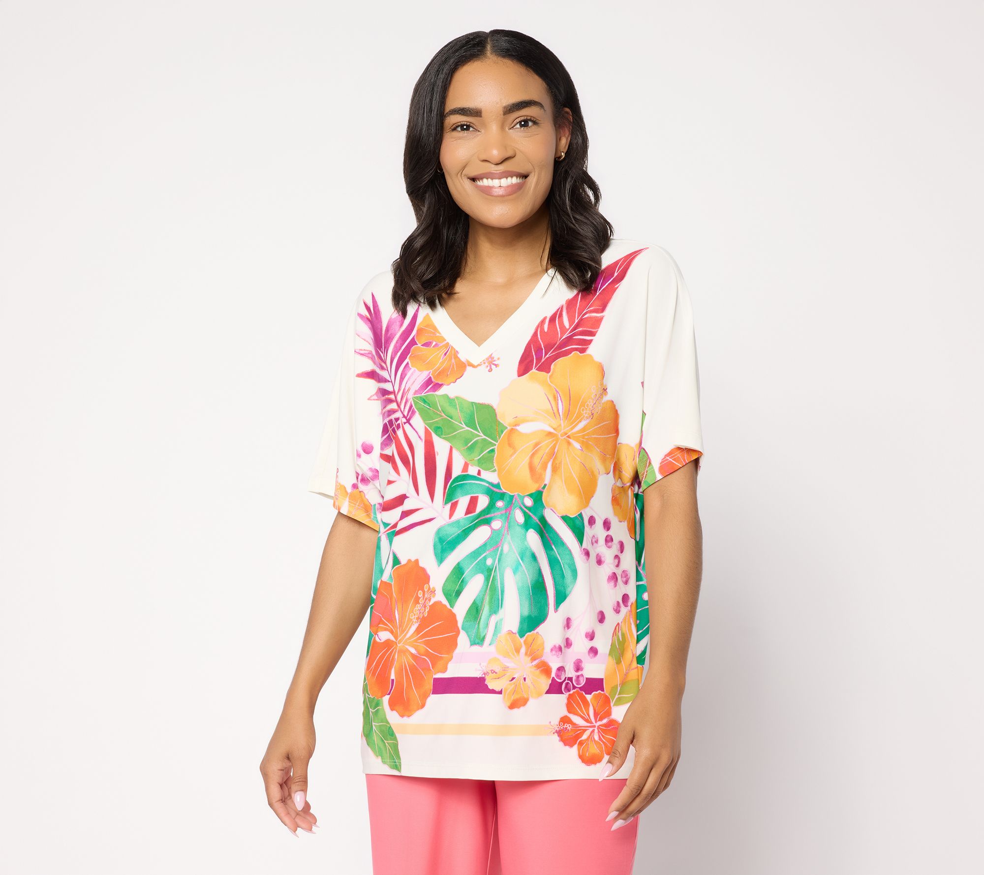 "As Is" Brandis Dress Out Loud Discovery Knit Miami Palm Caftan Top