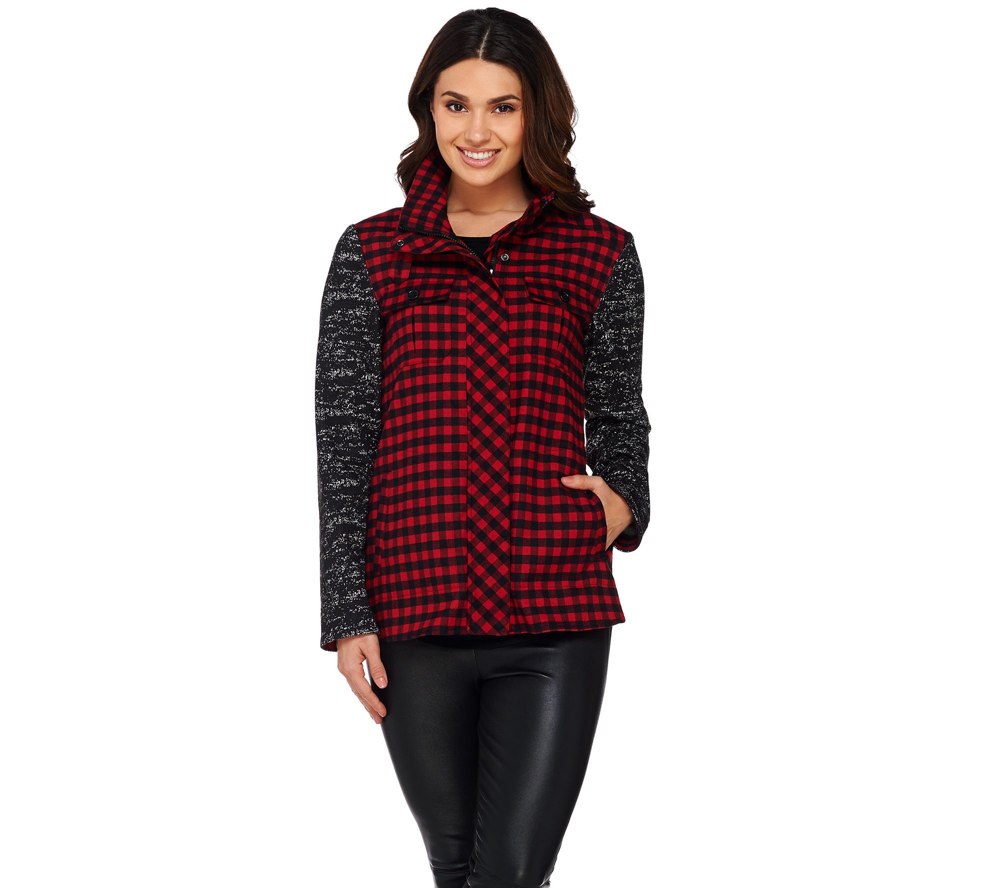 LOGO by Lori Goldstein Plaid Jacket with Sweater Knit Sleeves - QVC.com