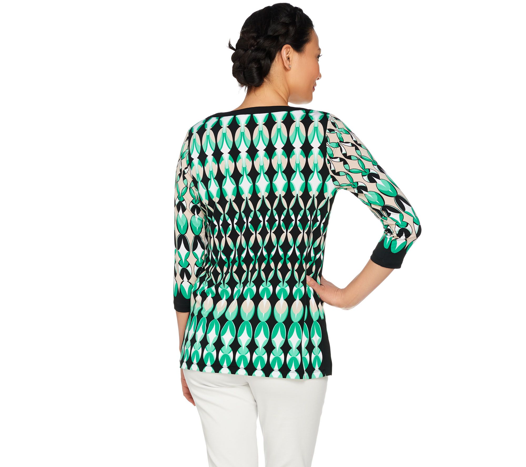 Susan Graver Printed Liquid Knit Top With Keyhole Trim