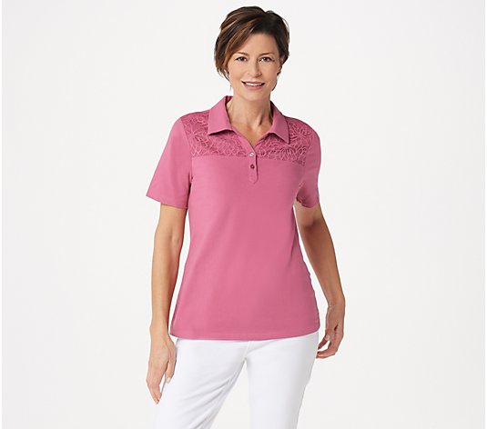 Denim & Co. Jersey Polo Collar Top with Eyelet Lace Trim - QVC.com