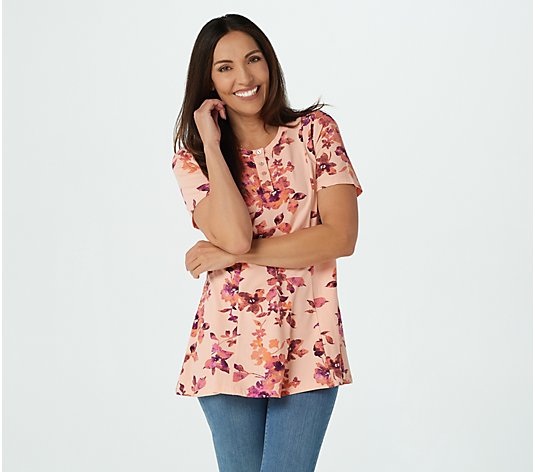 Denim & Co. Petite Printed Jersey Fit & Flare Henley Tunic