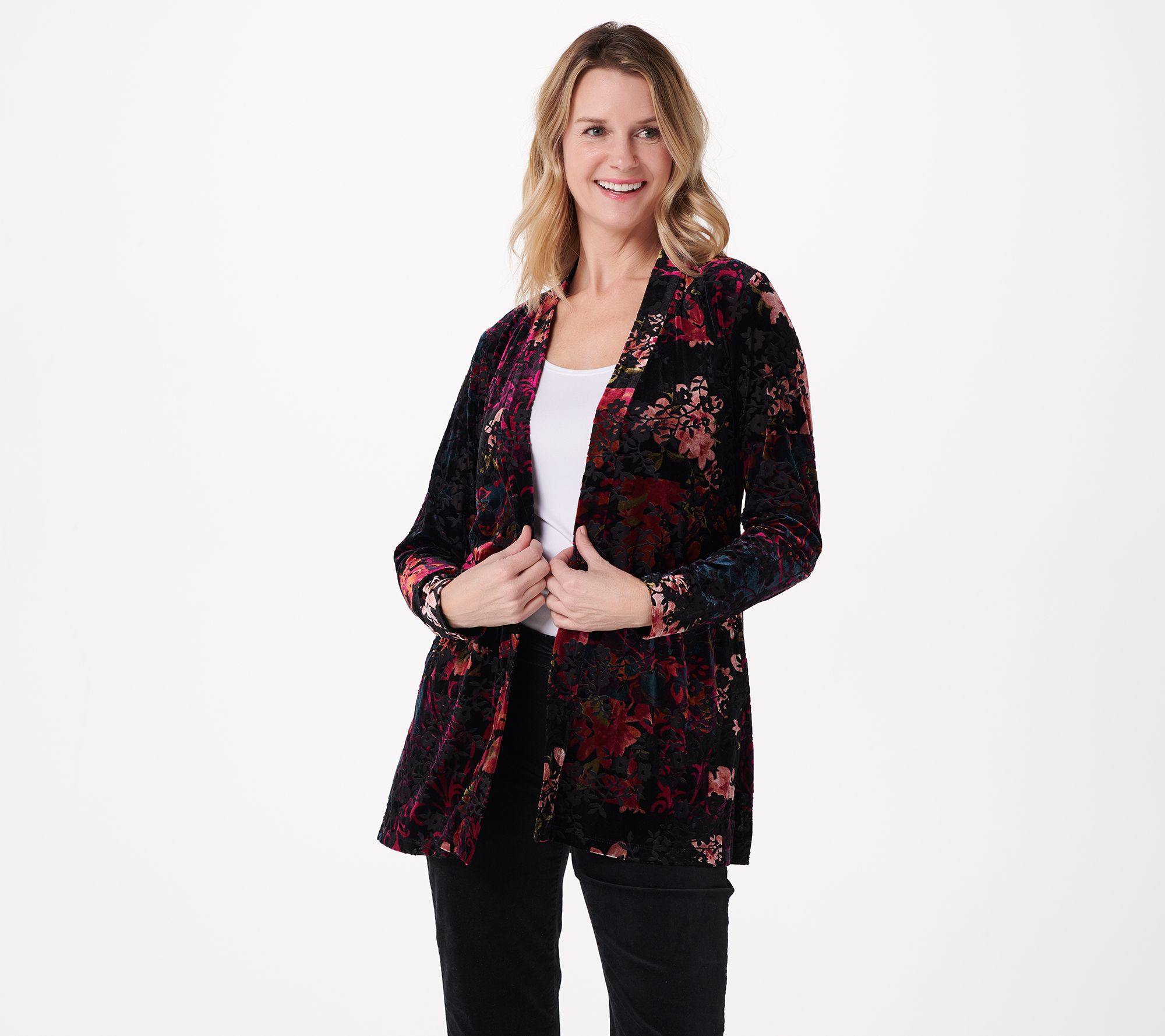 Susan Graver Regular Printed Burnout Velvet Open- Front Cardigan
