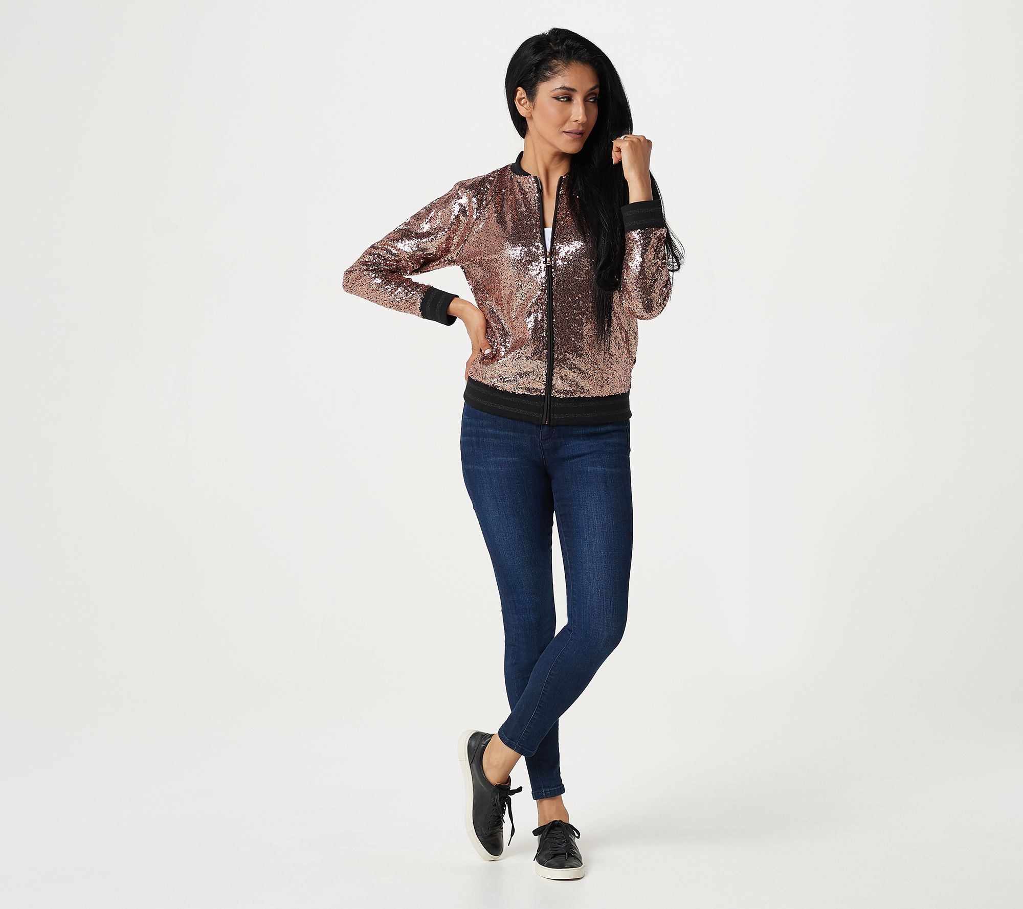 It's Da' Bomb: Sequin Bomber Jacket + High-Rise Jeans - Blame it