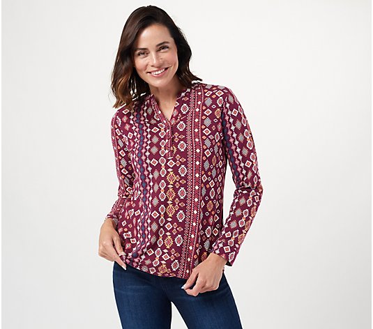Denim & Co. Printed Perfect Jersey Split V-Neck Shirttail Top