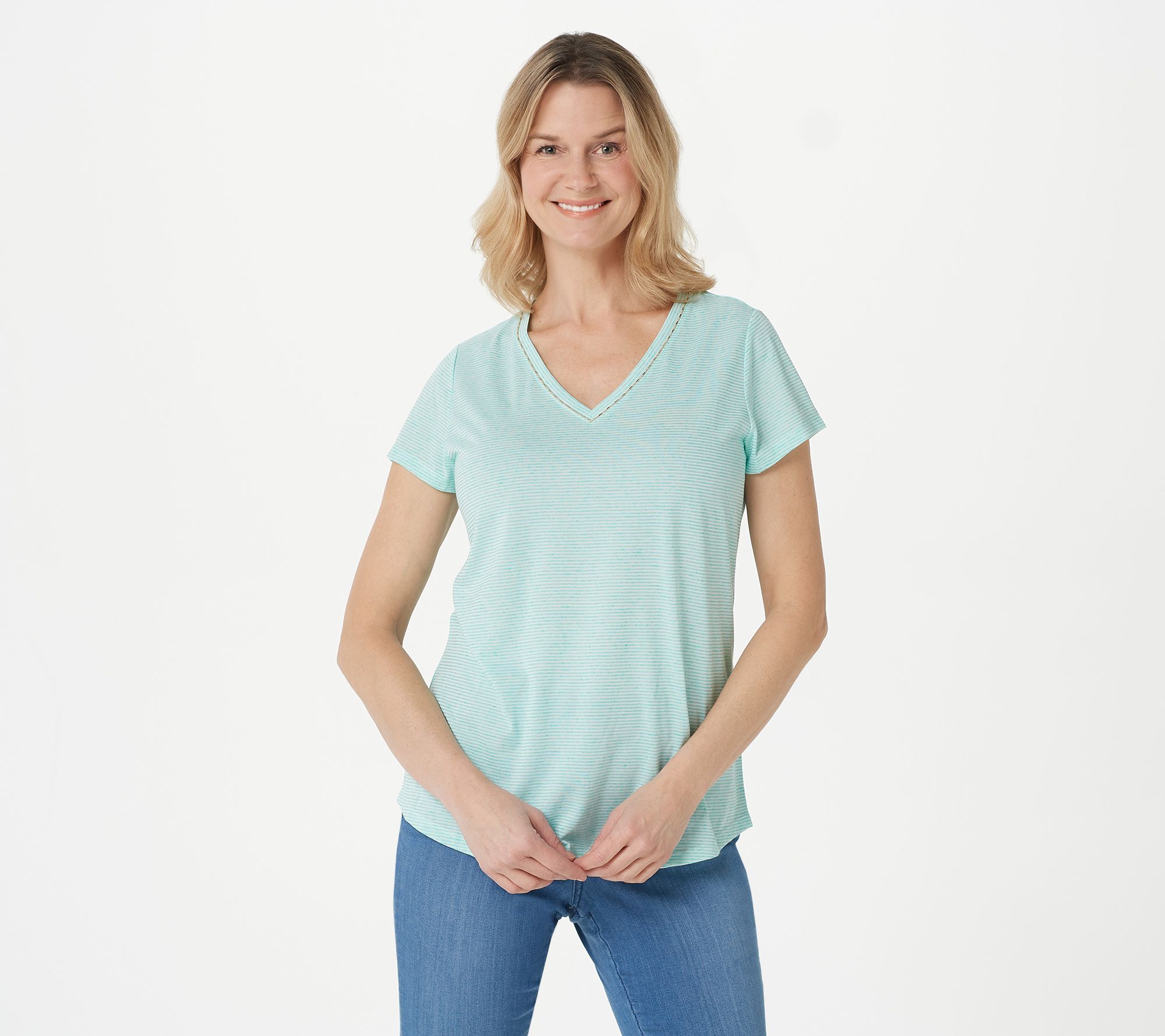 "As Is" Belle by Kim Gravel Linen Blend V-Neck Top with Beaded Trim