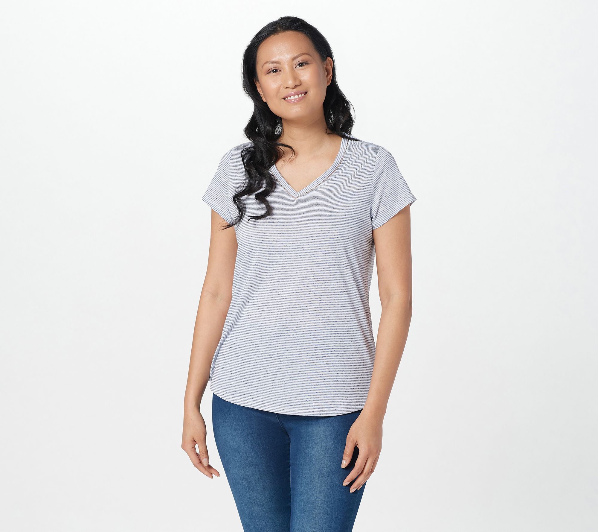 "As Is" Belle by Kim Gravel Linen Blend V-Neck Top with Beaded Trim