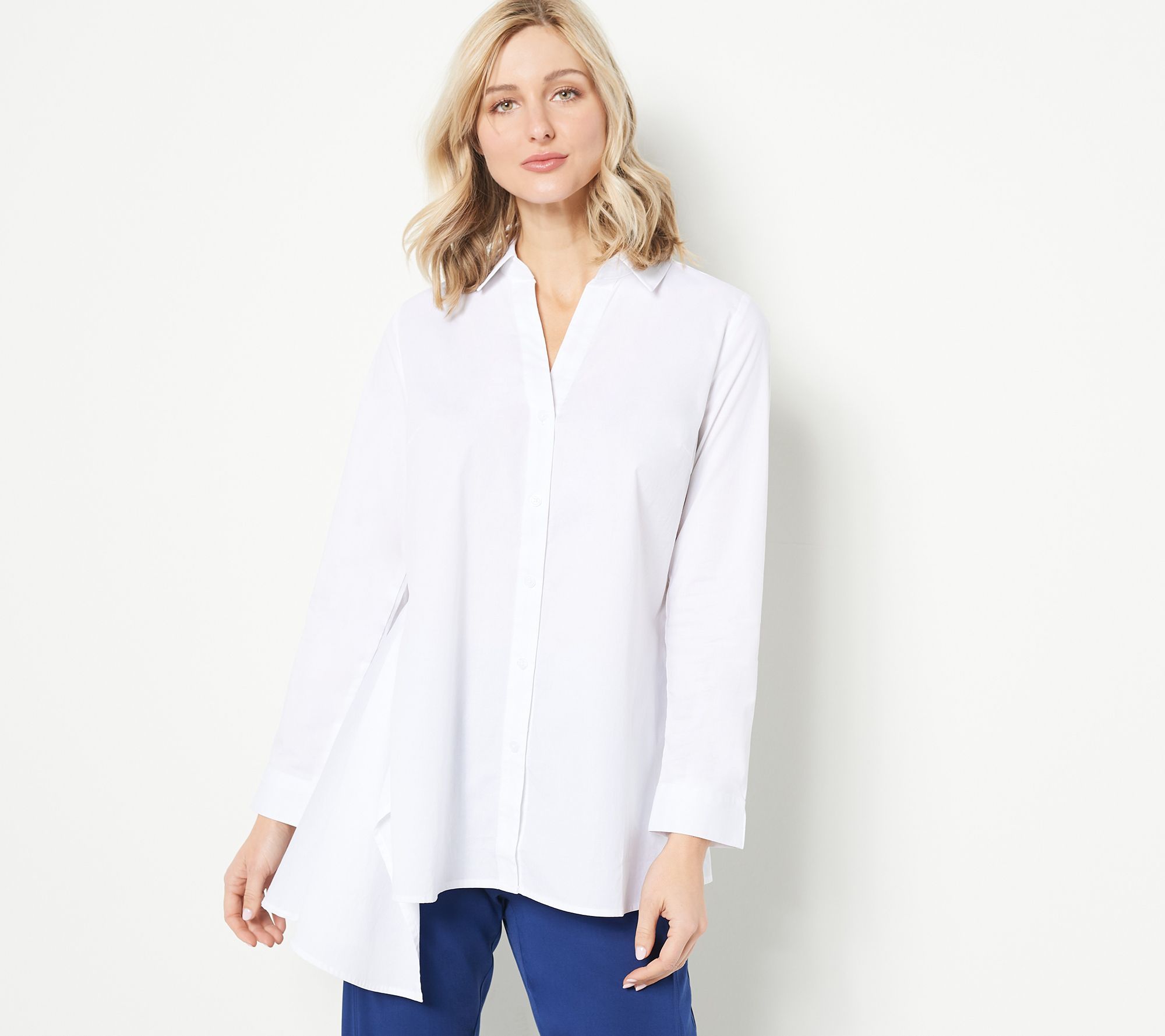 Truth + Style Stretch Poplin Asymmetrical Woven Button Front Shirt