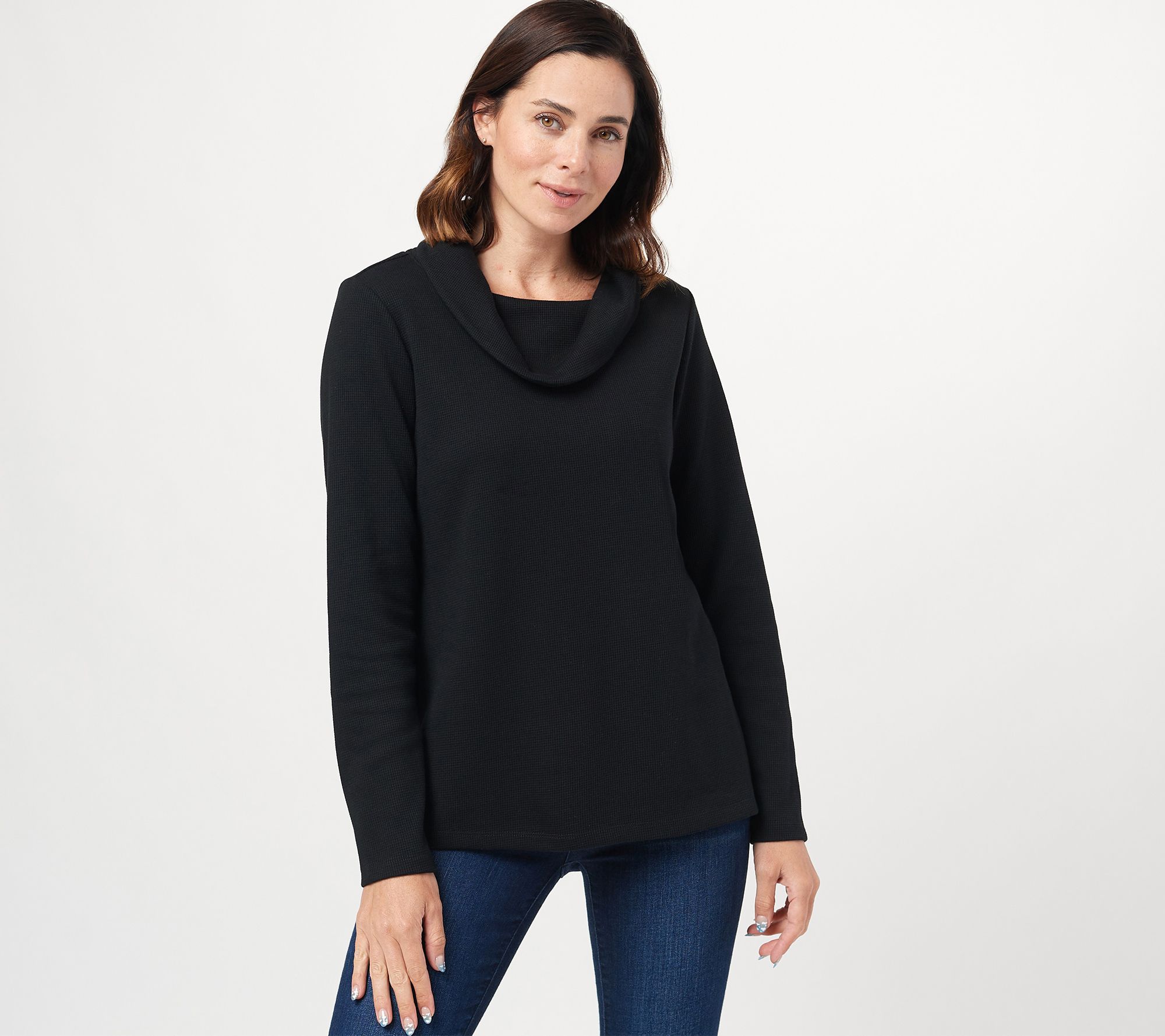 "As Is" Denim & Co. Essentials Waffle Knit Long-Sleeve Cowl Neck Top