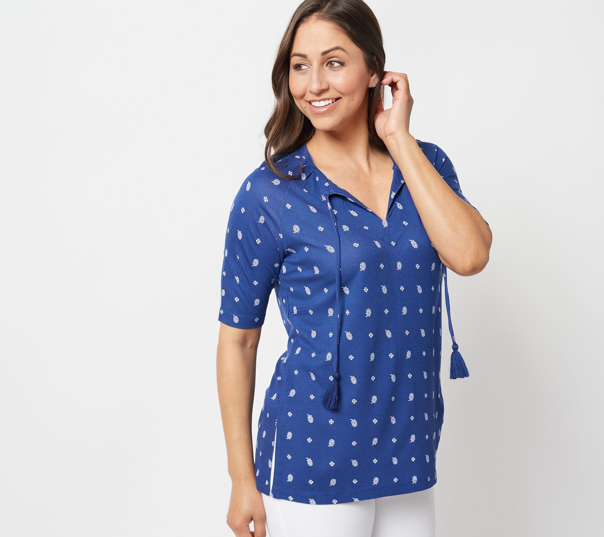 "As Is" Isaac Mizrahi Live! Printed Ponte Top with Tassel & Elbow Sleeves