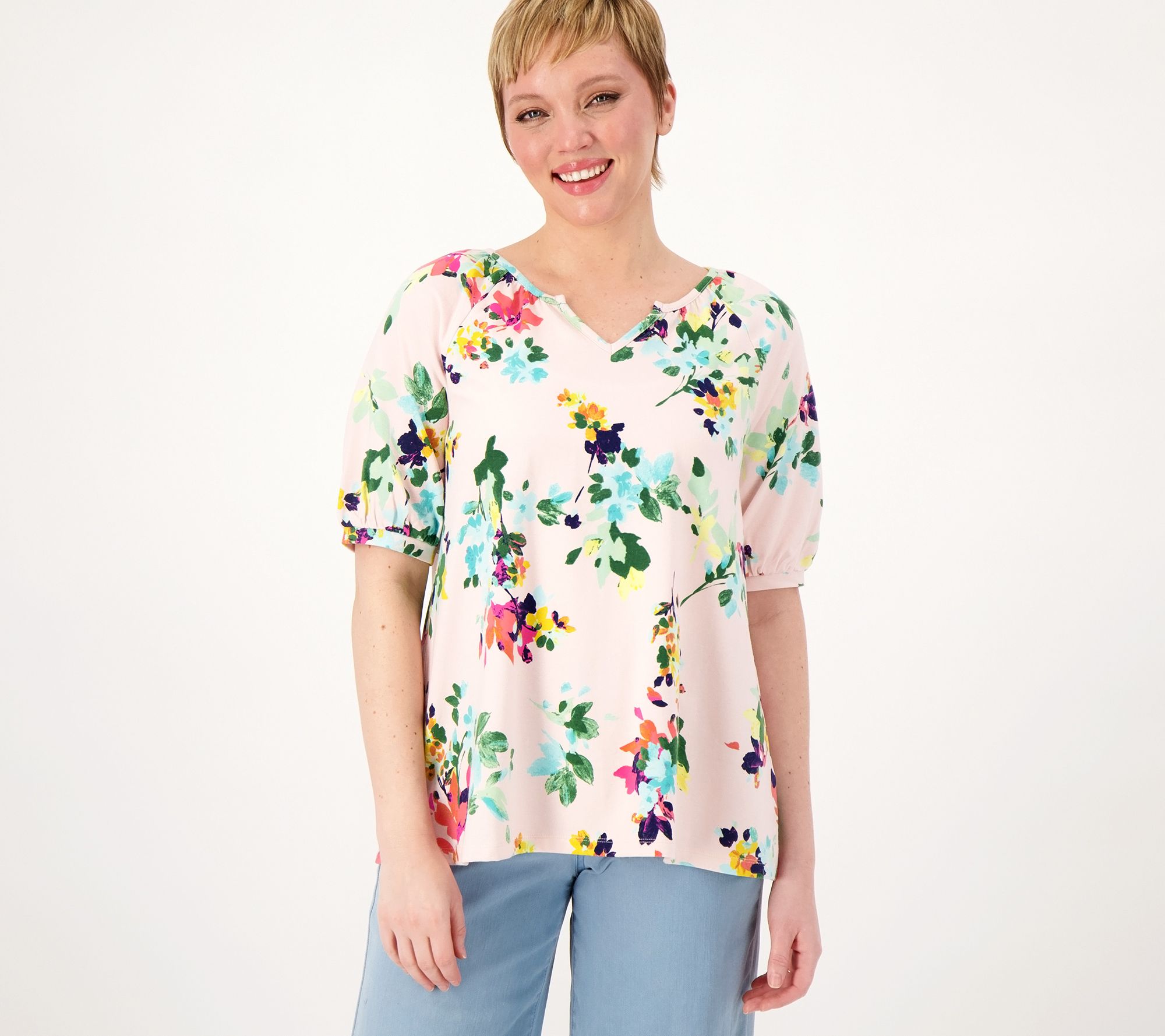 Denim & Co. Printed Favorite Jersey Split V-Neck Swing Top