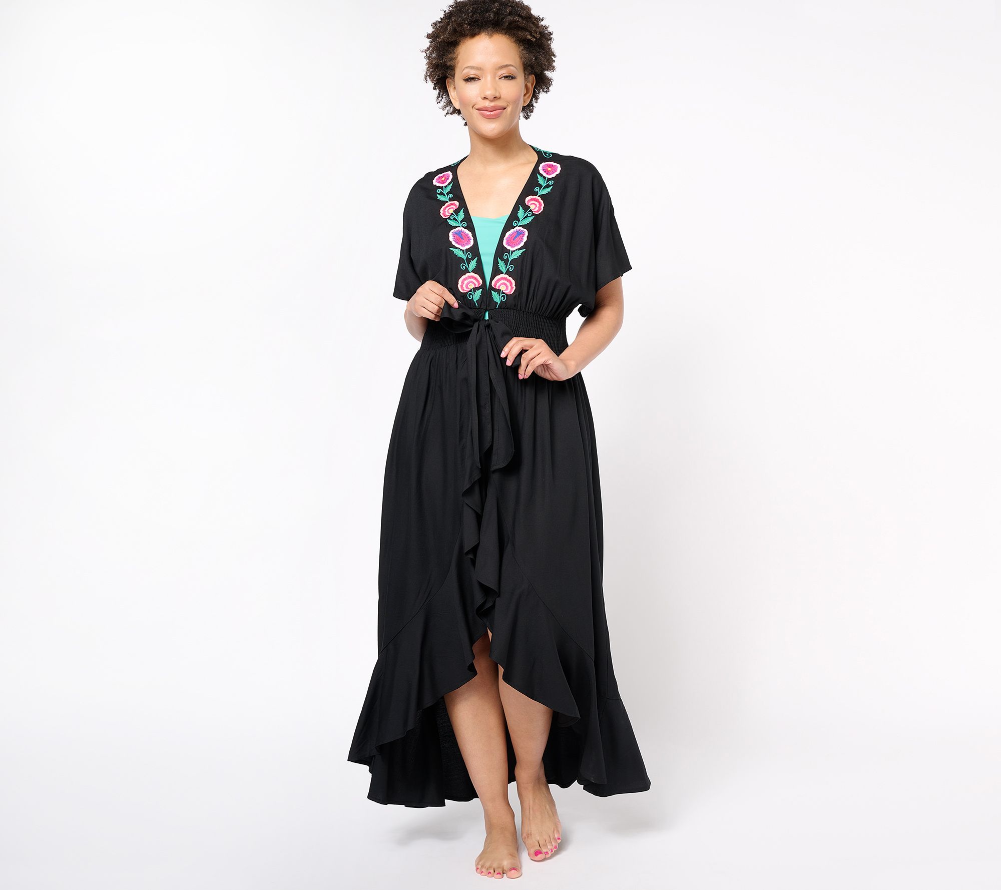 America & Beyond Embroidered Tie Waist Caftan