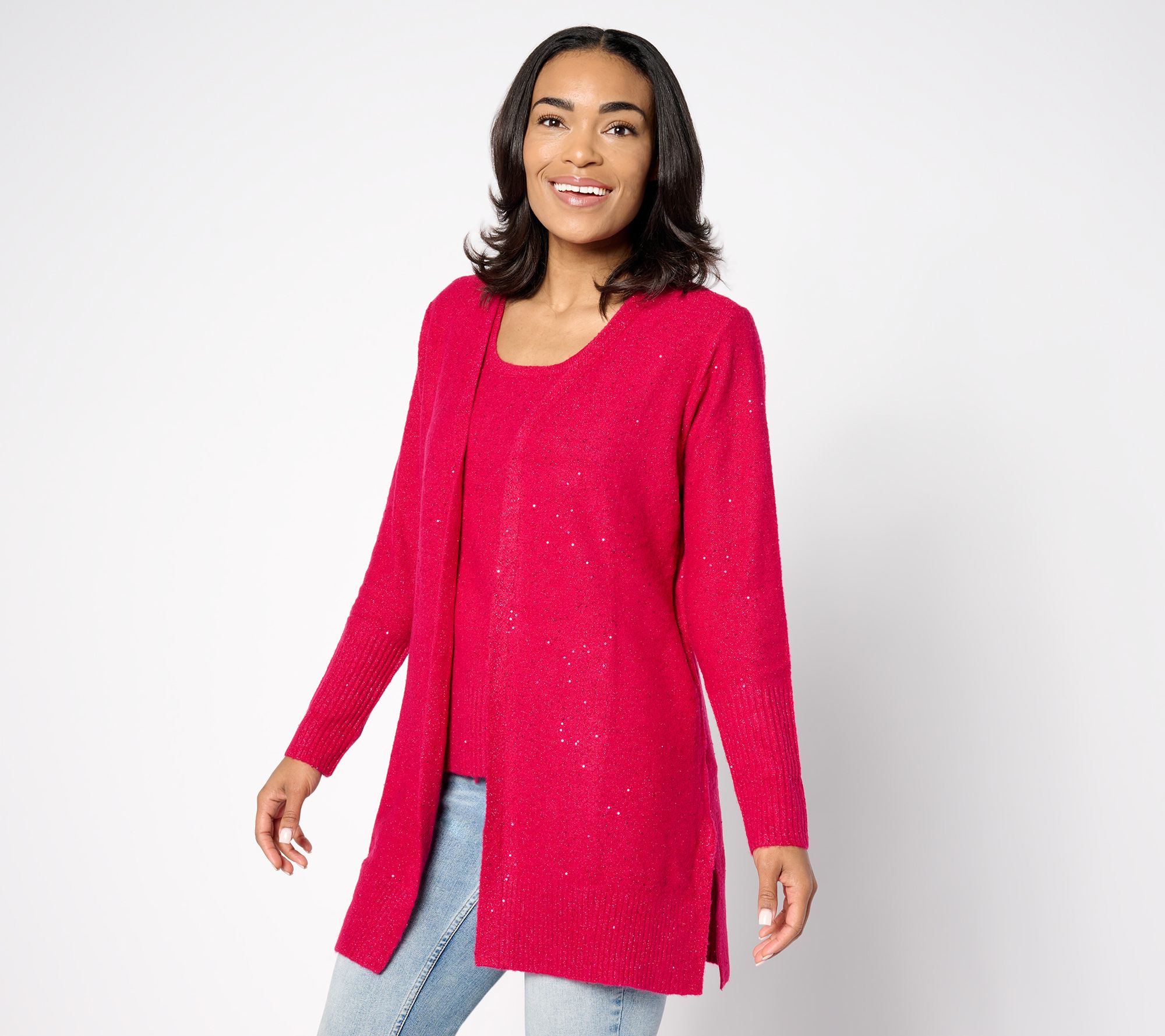 Isaac Mizrahi Live! Petite Sequin Yarn Open Front Duster Cardigan