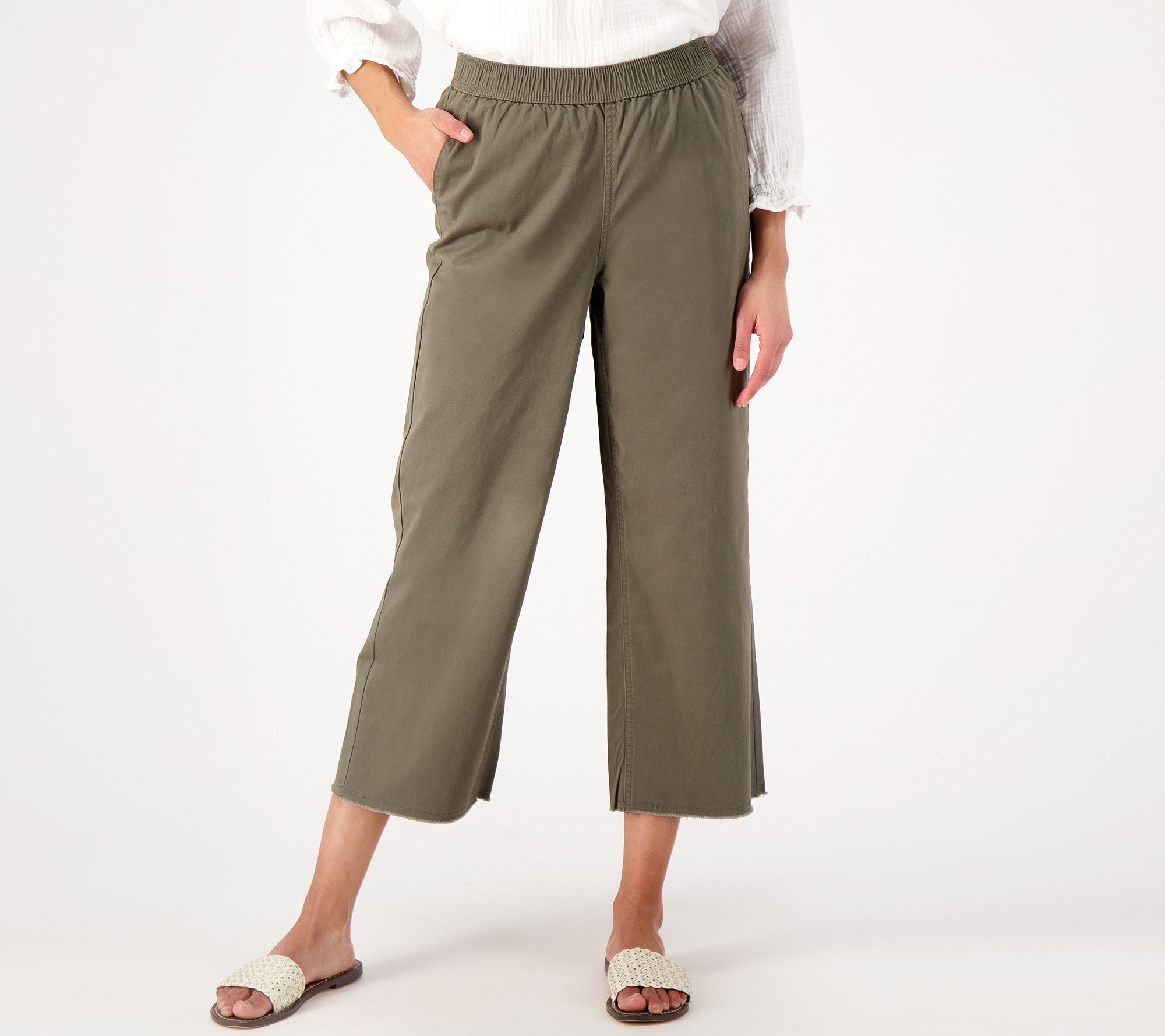 "As Is" Denim & Co. Petite EasyWear Twill Frayed Hem Wide Leg Pant