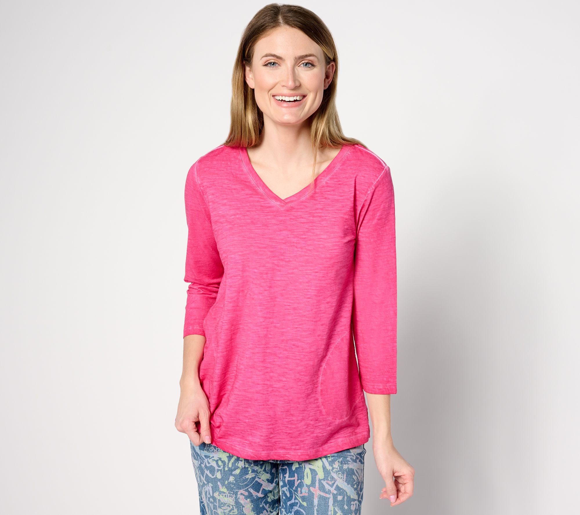 LOGO by Lori Goldstein Distressed Cotton V-Neck Top