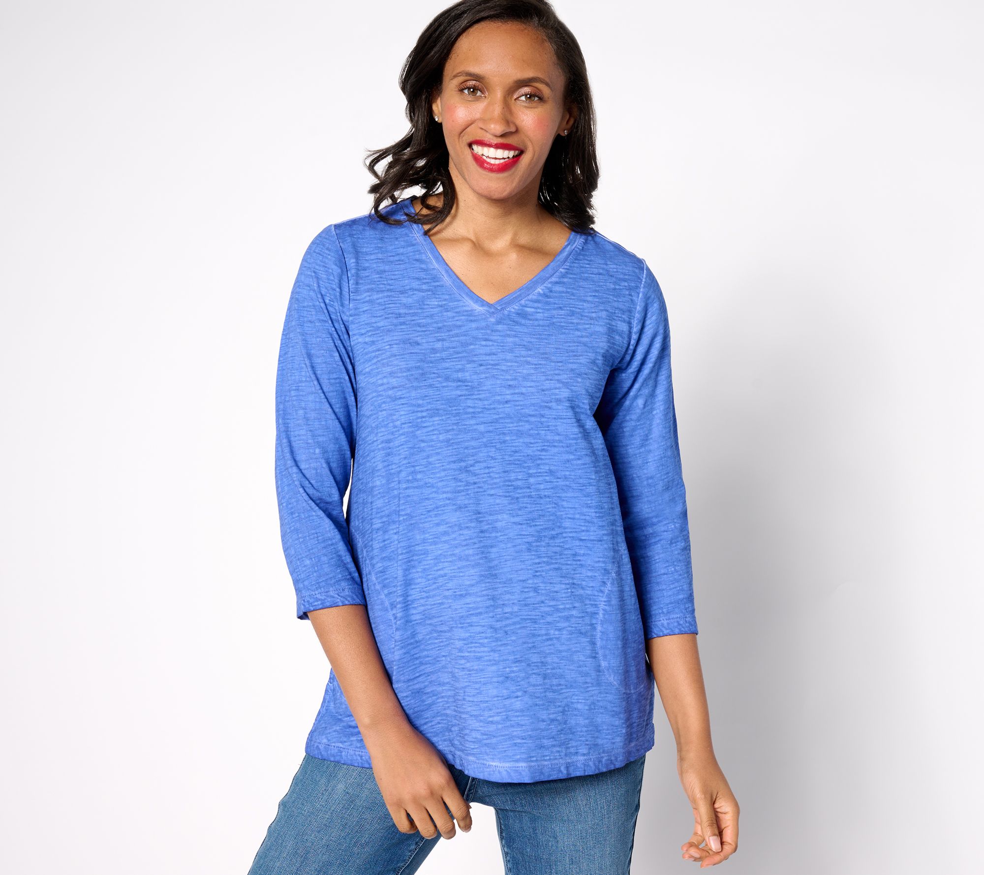 LOGO by Lori Goldstein Distressed Cotton V-Neck Top