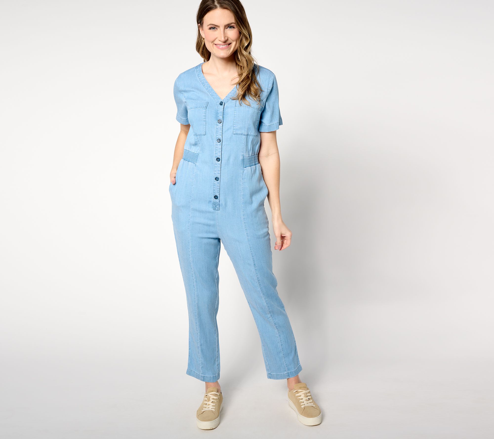 AnyBody Regular Drapey Denim Button-Front Jumpsuit