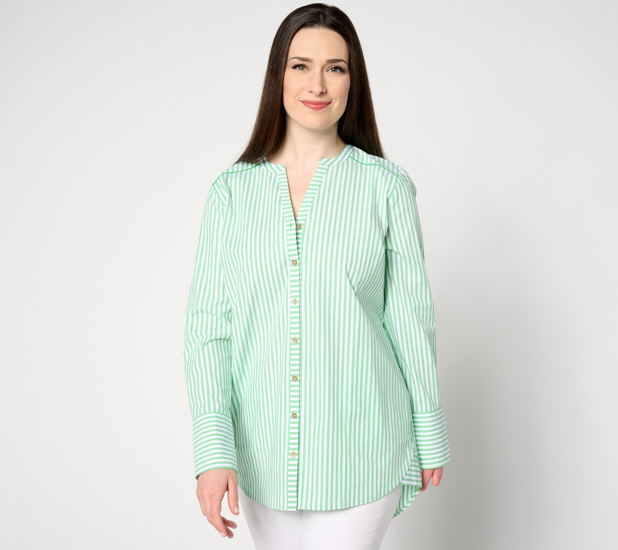 Isaac Mizrahi Live! Petite Yarn-Dye Stripe Button-Front Poplin Tunic
