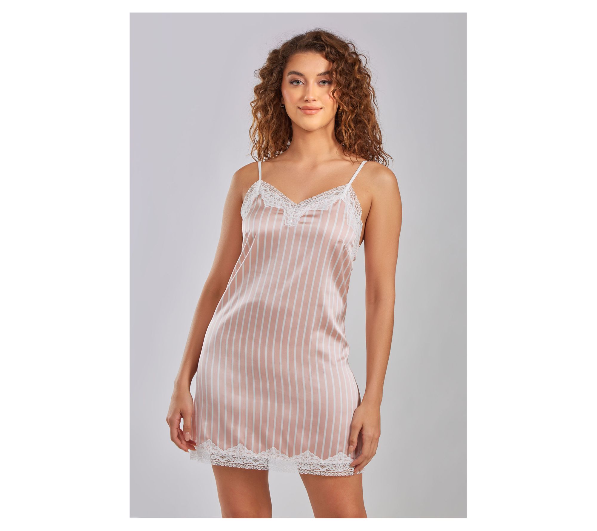 iCollection Satin Stripe Chemise Lounge Dressw/ Lace Trim