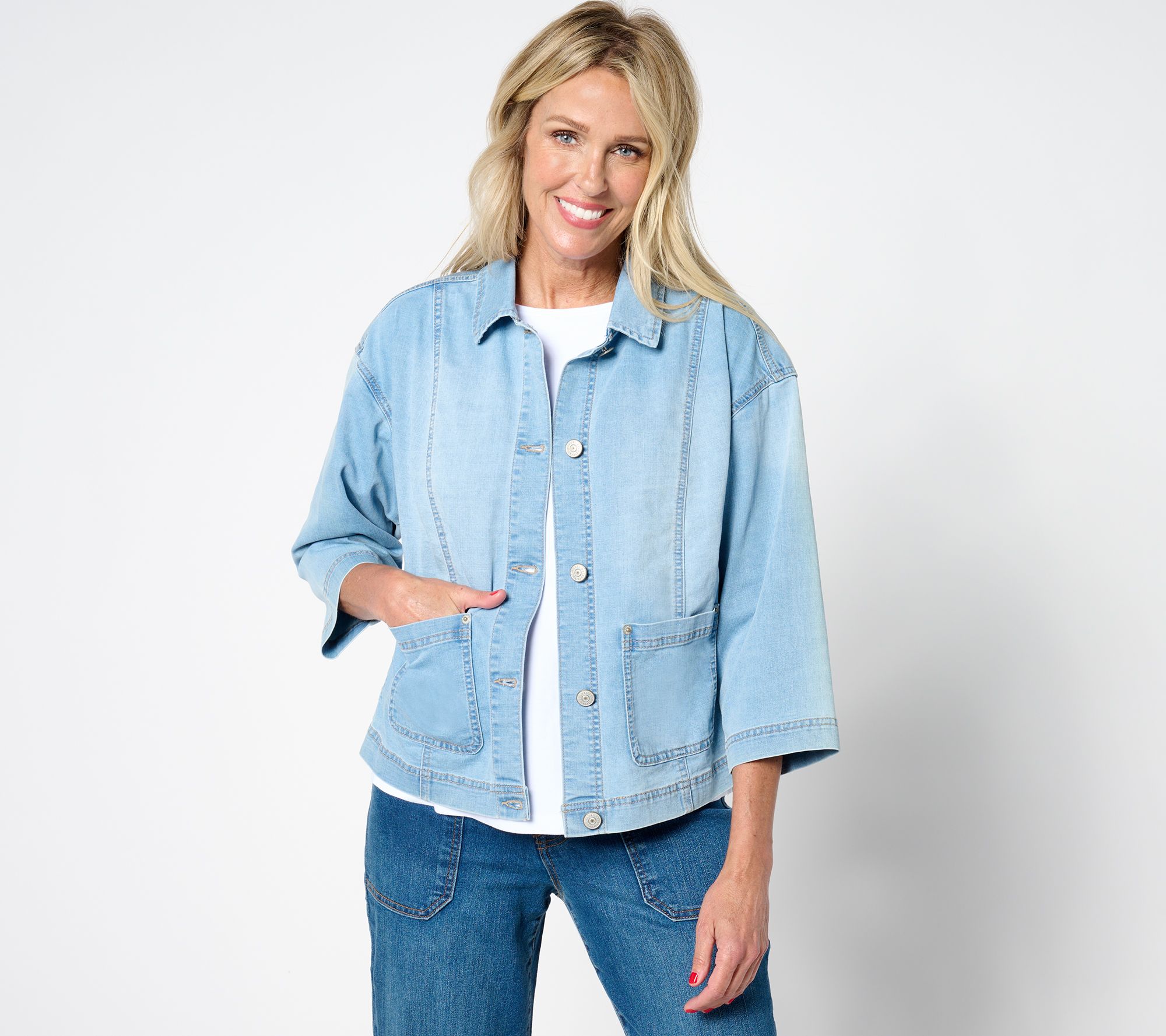 LOGO by Lori Goldstein 3/4 Sleeve Denim Jacket w/ Patch Pockets