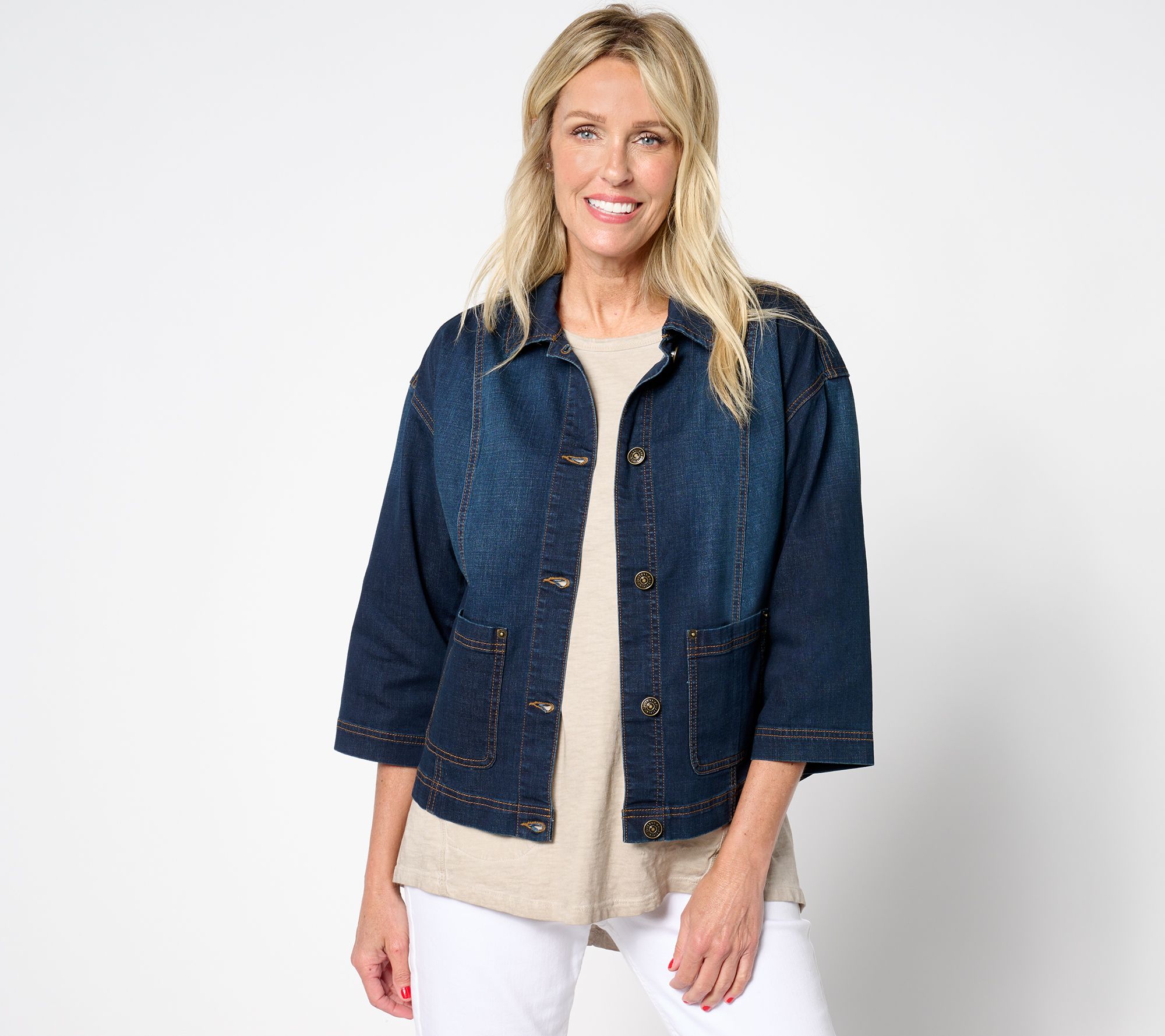 LOGO by Lori Goldstein 3/4 Sleeve Denim Jacket w/ Patch Pockets
