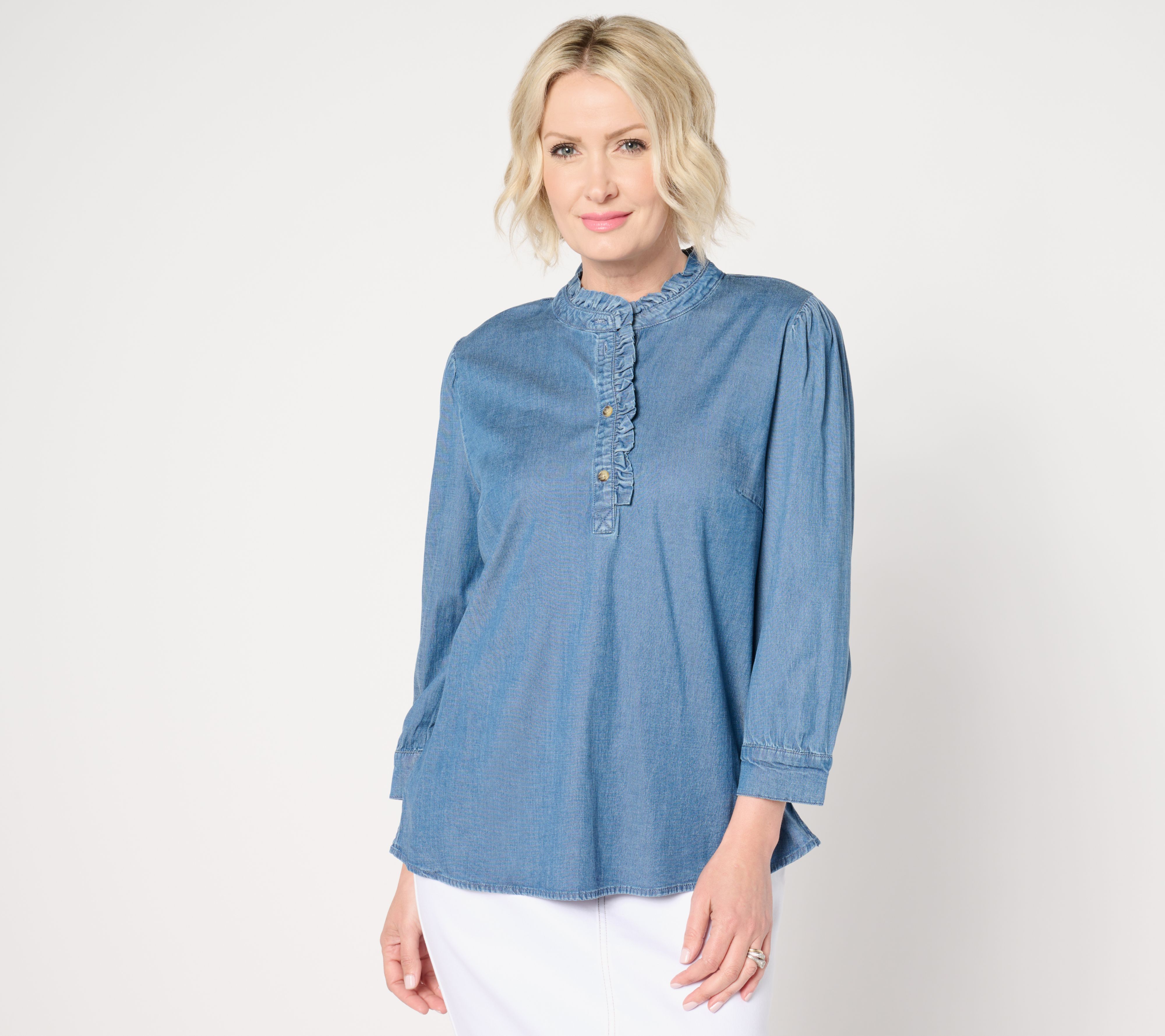Denim & Co. Chambray 3/4 Puff Sleeve Ruffle Top