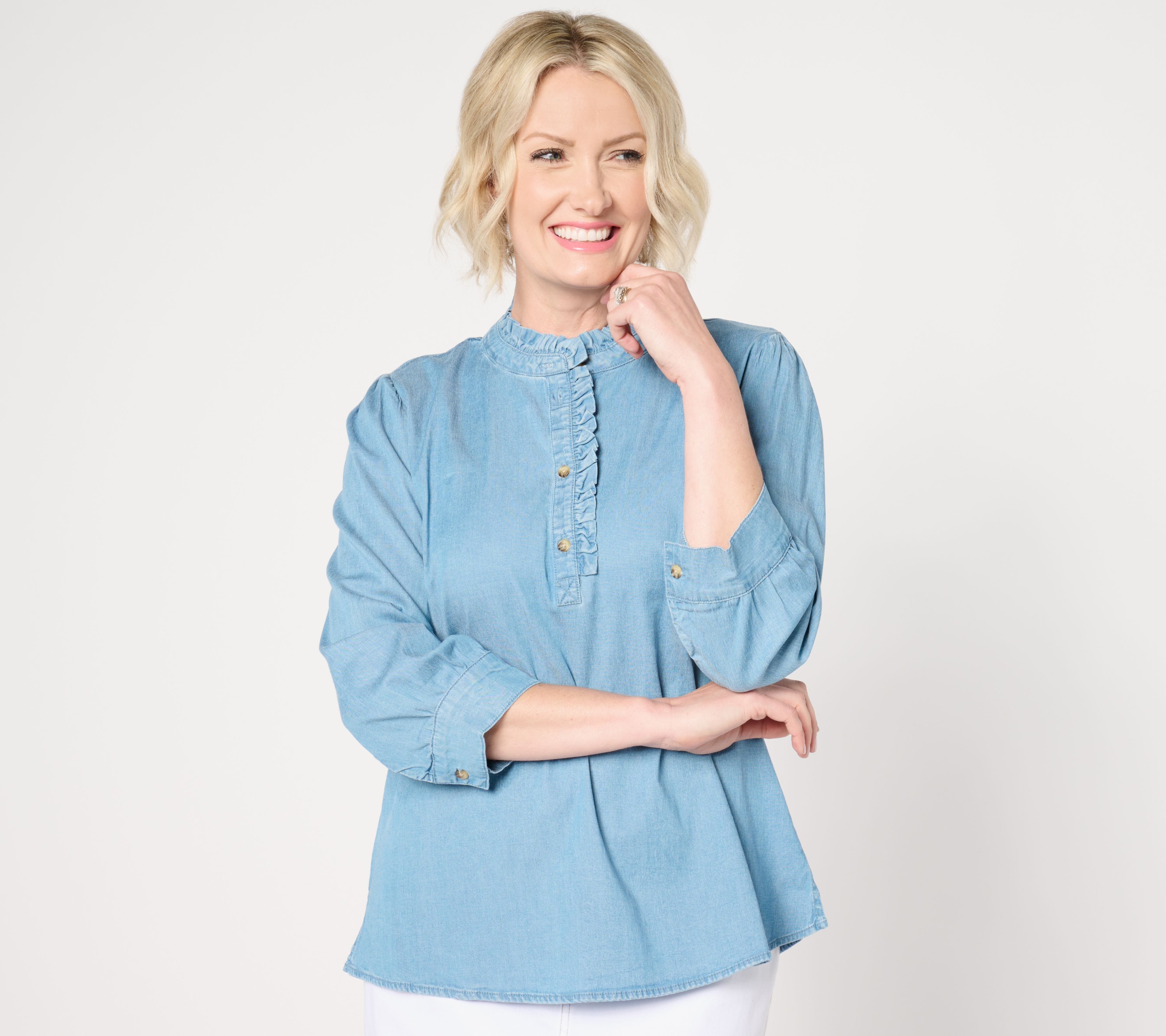 Denim & Co. Chambray 3/4 Puff Sleeve Ruffle Top