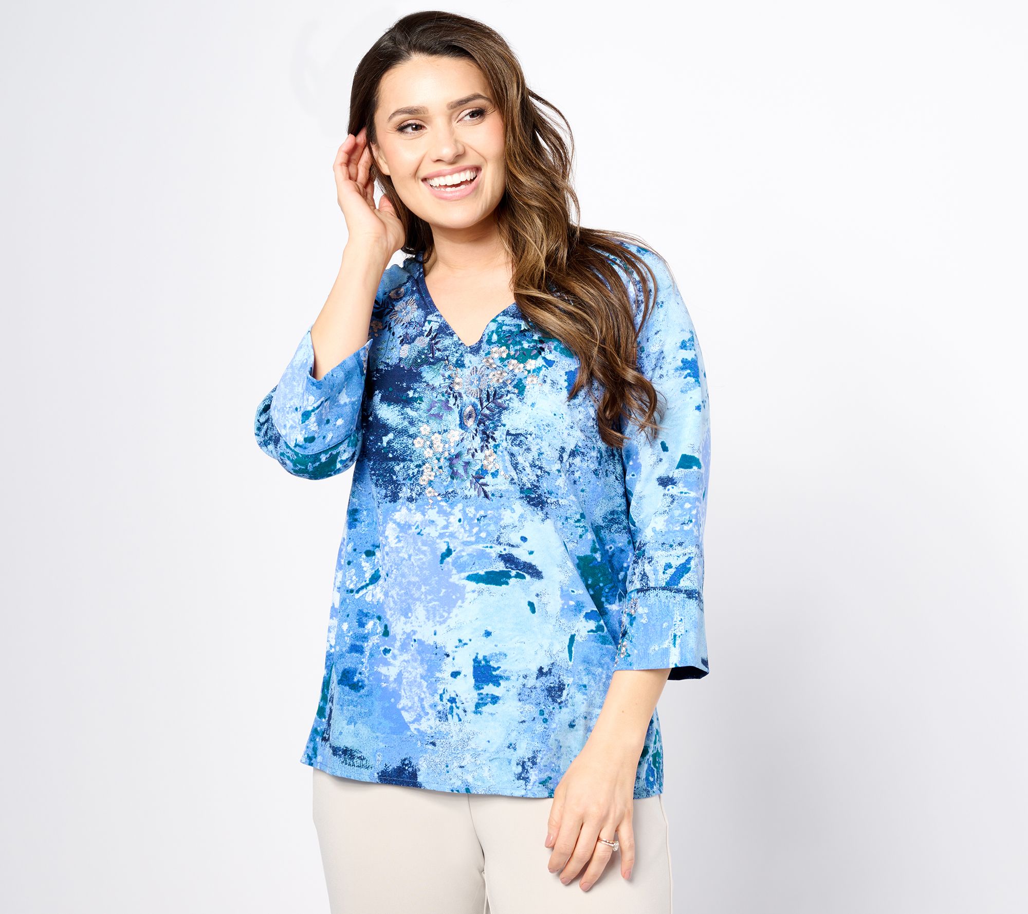 "As Is" Inspire by Susan Graver Printed Embroidered Blouse