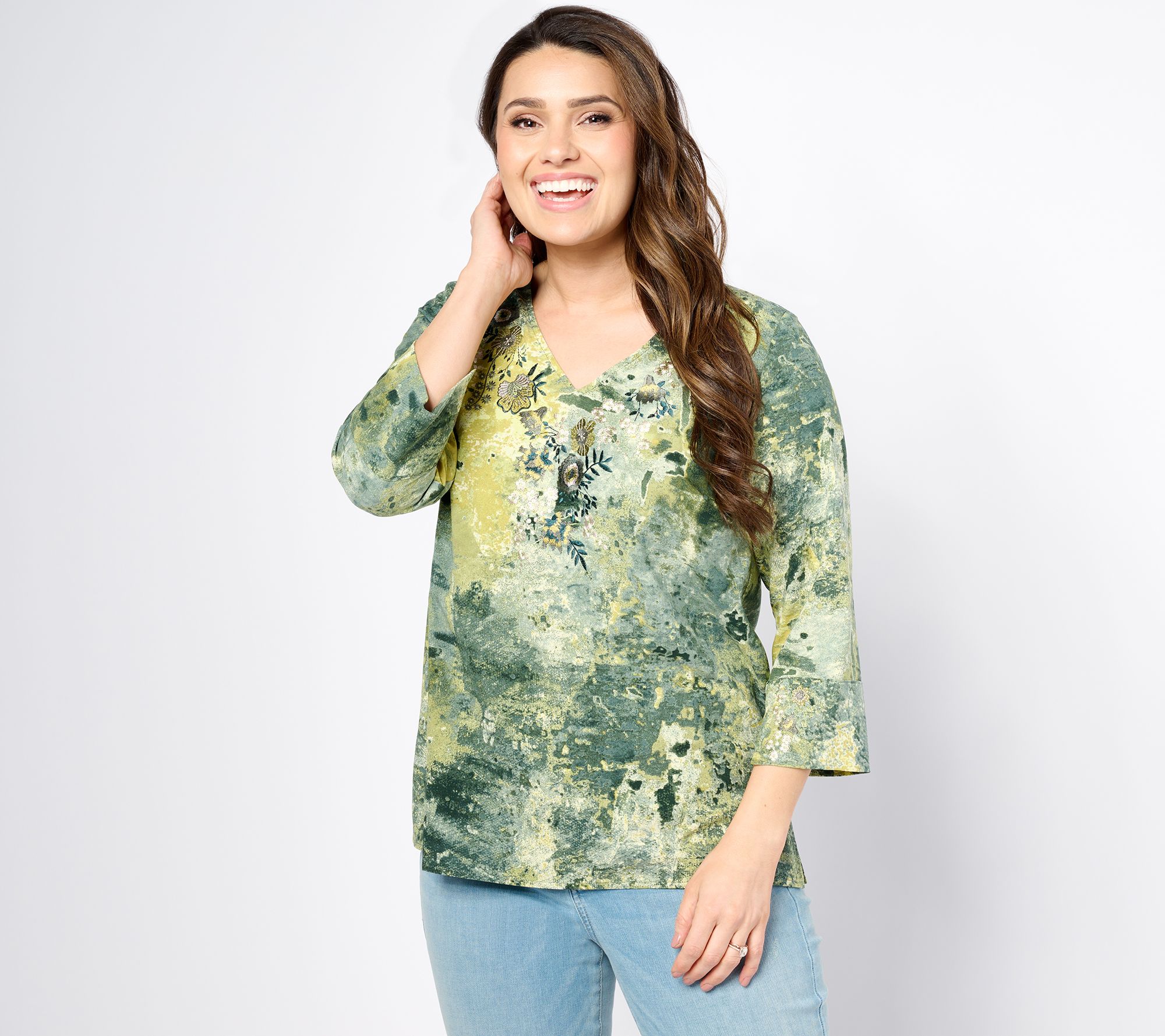 "As Is" Inspire by Susan Graver Printed Embroidered Blouse