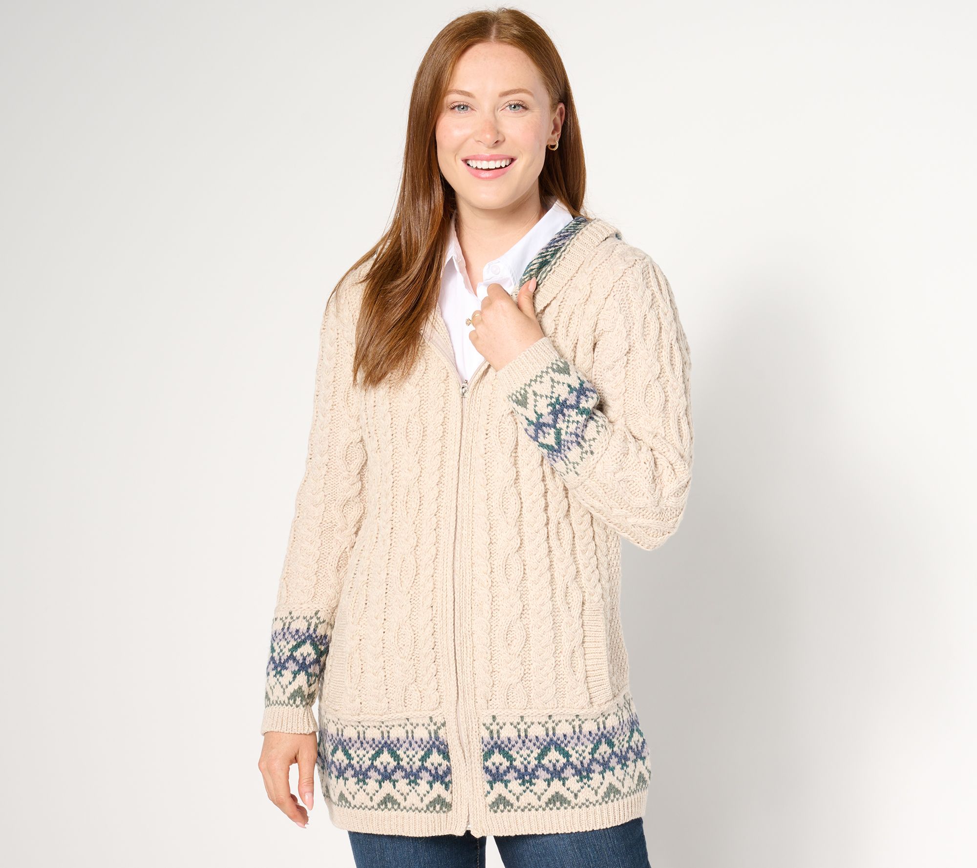 Aran Craft Merino Wool Fairisle Zip-Front Cardigan