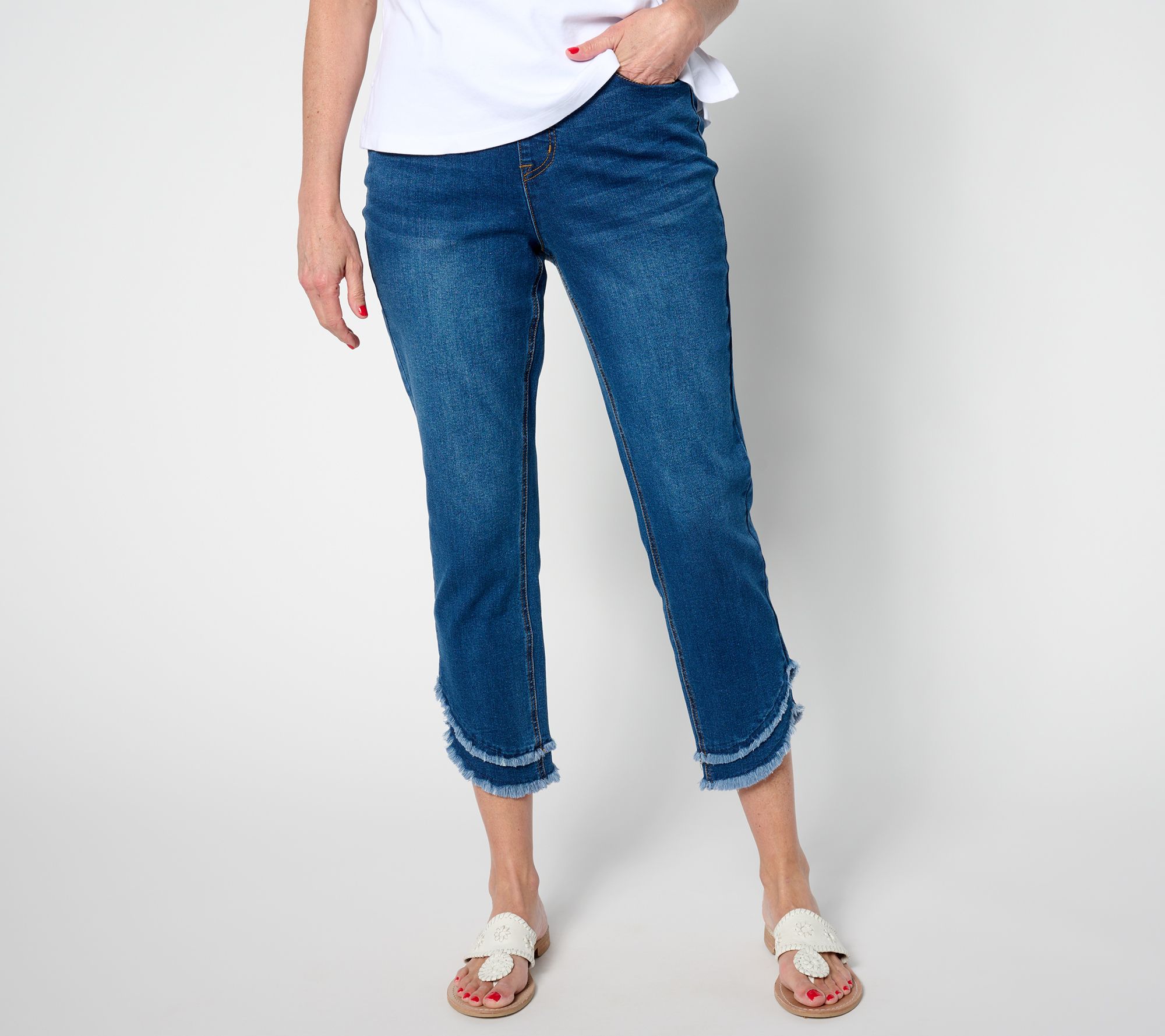 "As Is" Isaac Mizrahi Live! Petite True Denim Crop Jean with Fringe Hem