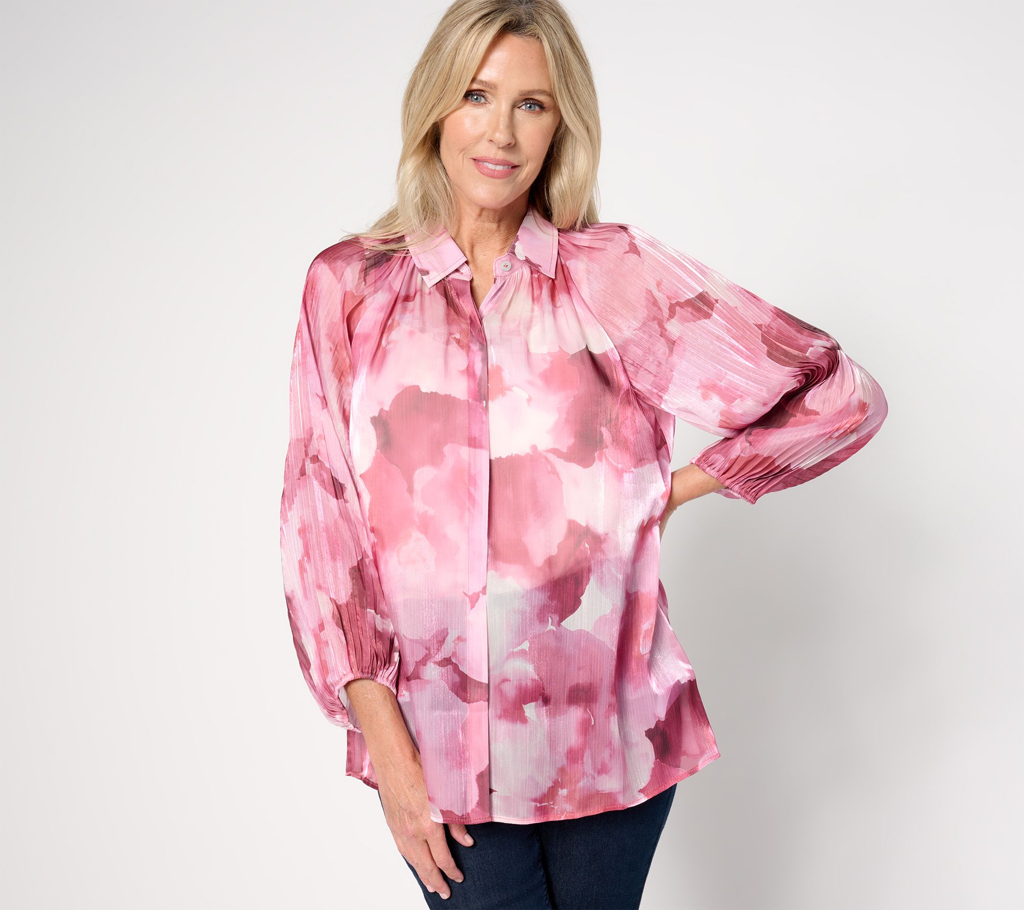 Susan Graver Petite Occasions Printed Sheer Woven Tunic