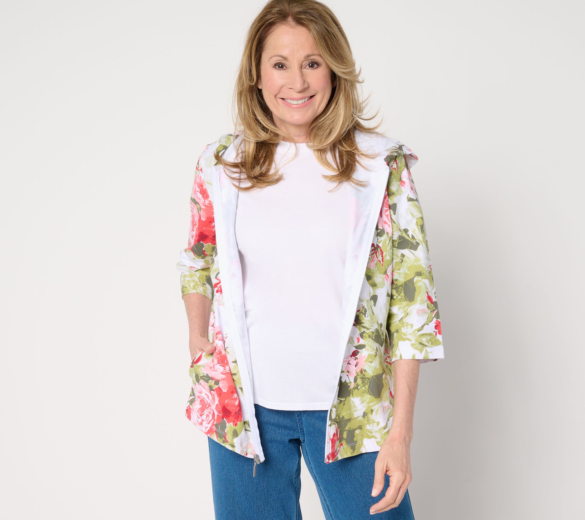 Denim & Co. Active French Terry Floral or Solid Zip-Up Jacket