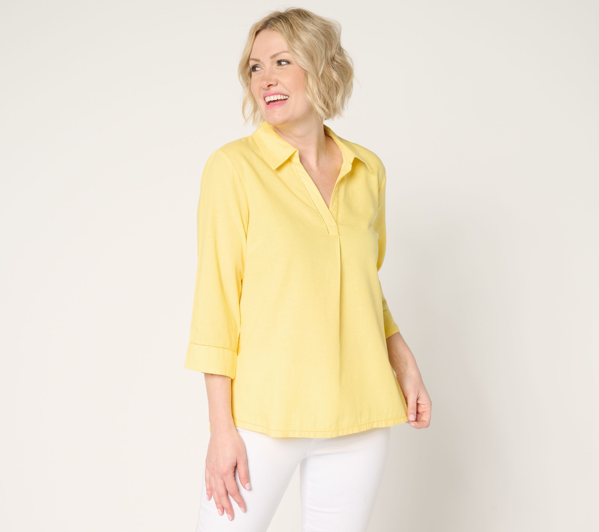 Denim & Co. Soft Linen Blend Print or Solid Collared Shirt