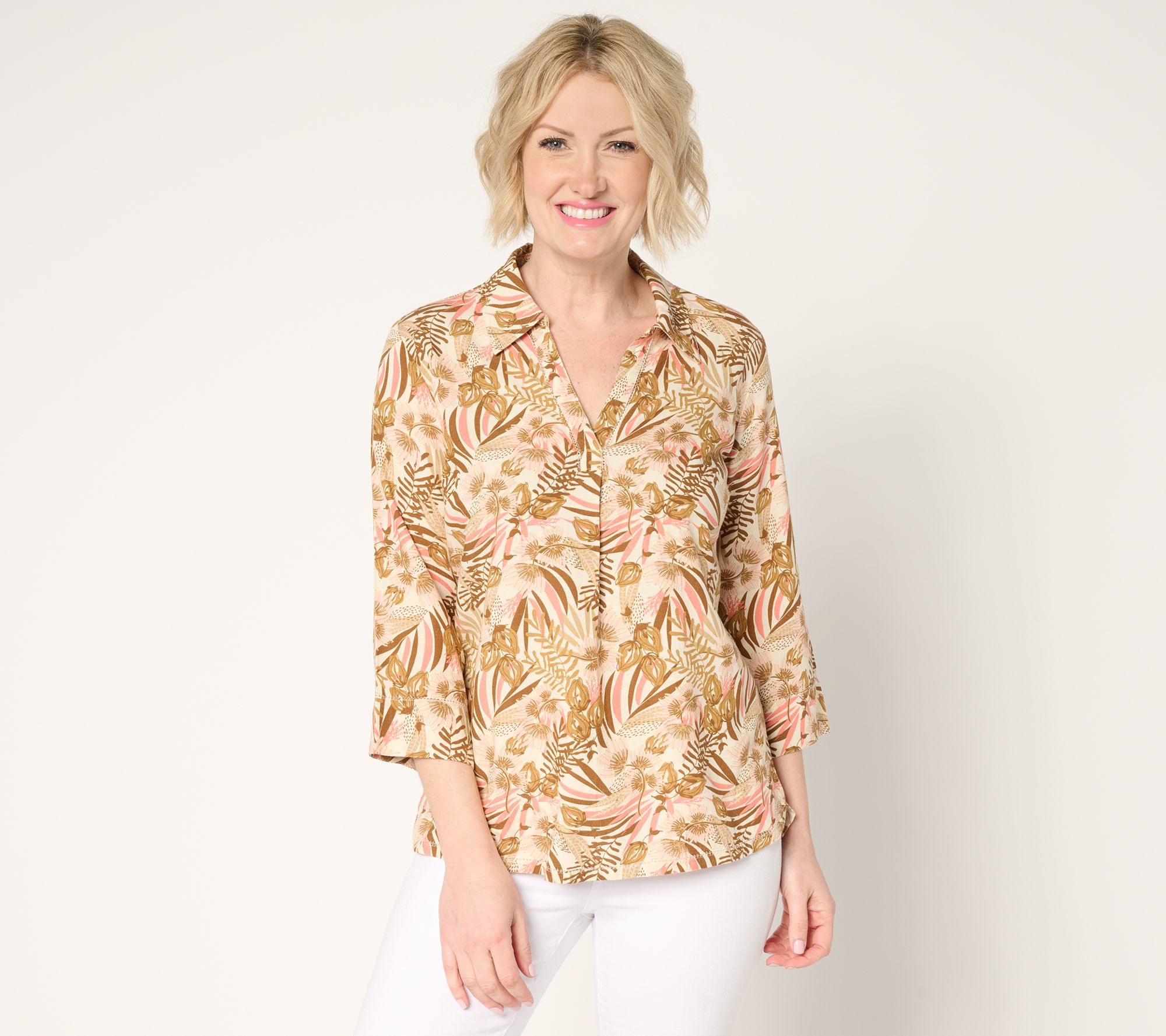 Denim & Co. Soft Linen Blend Print or Solid Collared Shirt