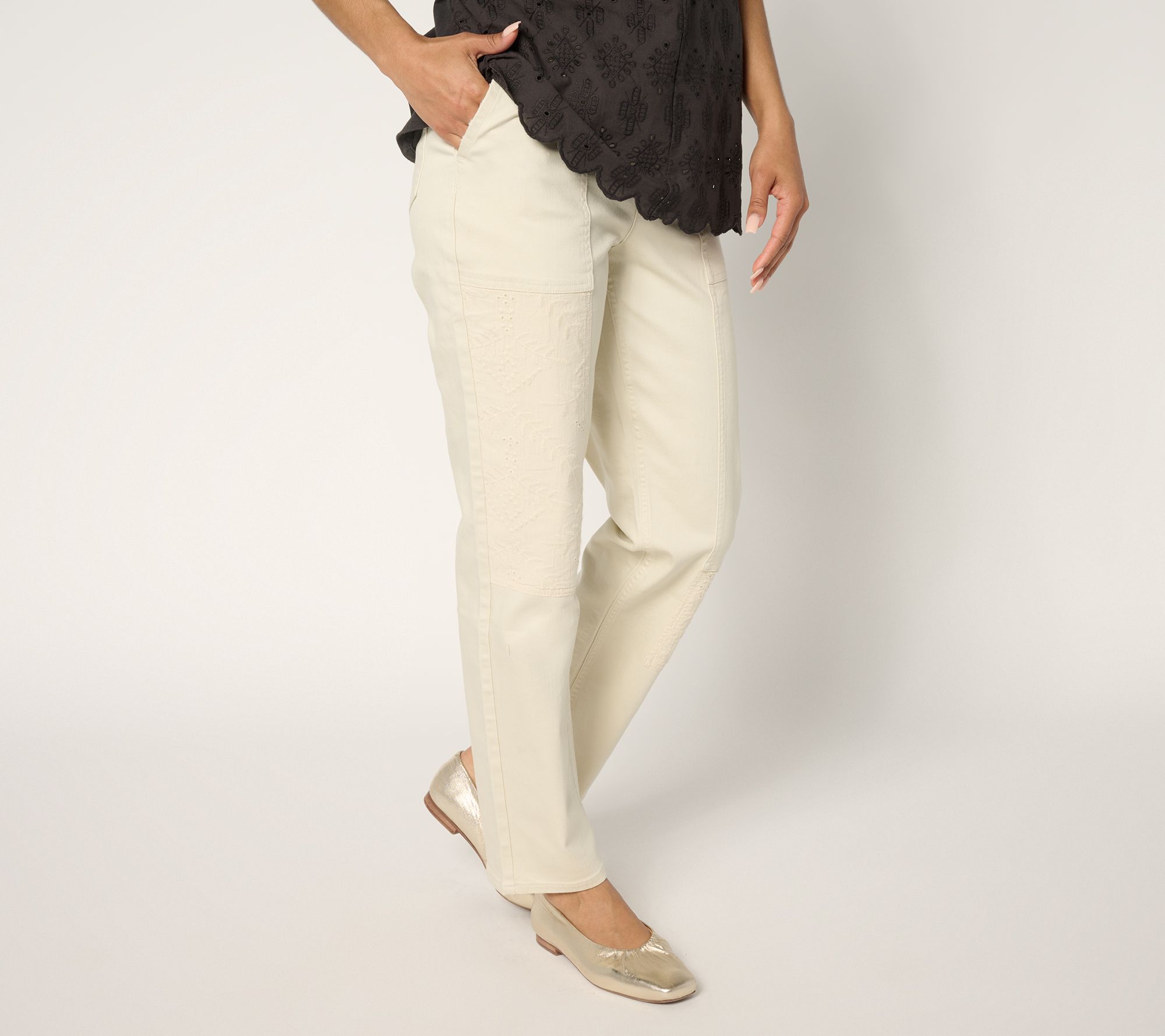 LOGO by Lori Goldstein Petite Straight Leg Patch Jeans