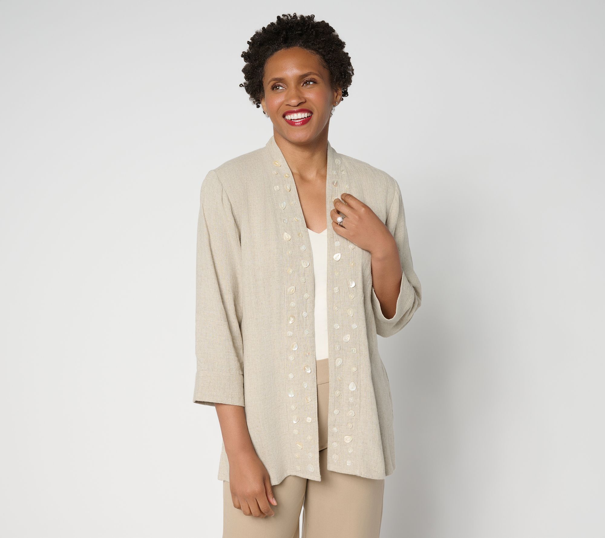 GRAVER Susan Graver Petite Linen Open Front Cardigan w/Embellishment
