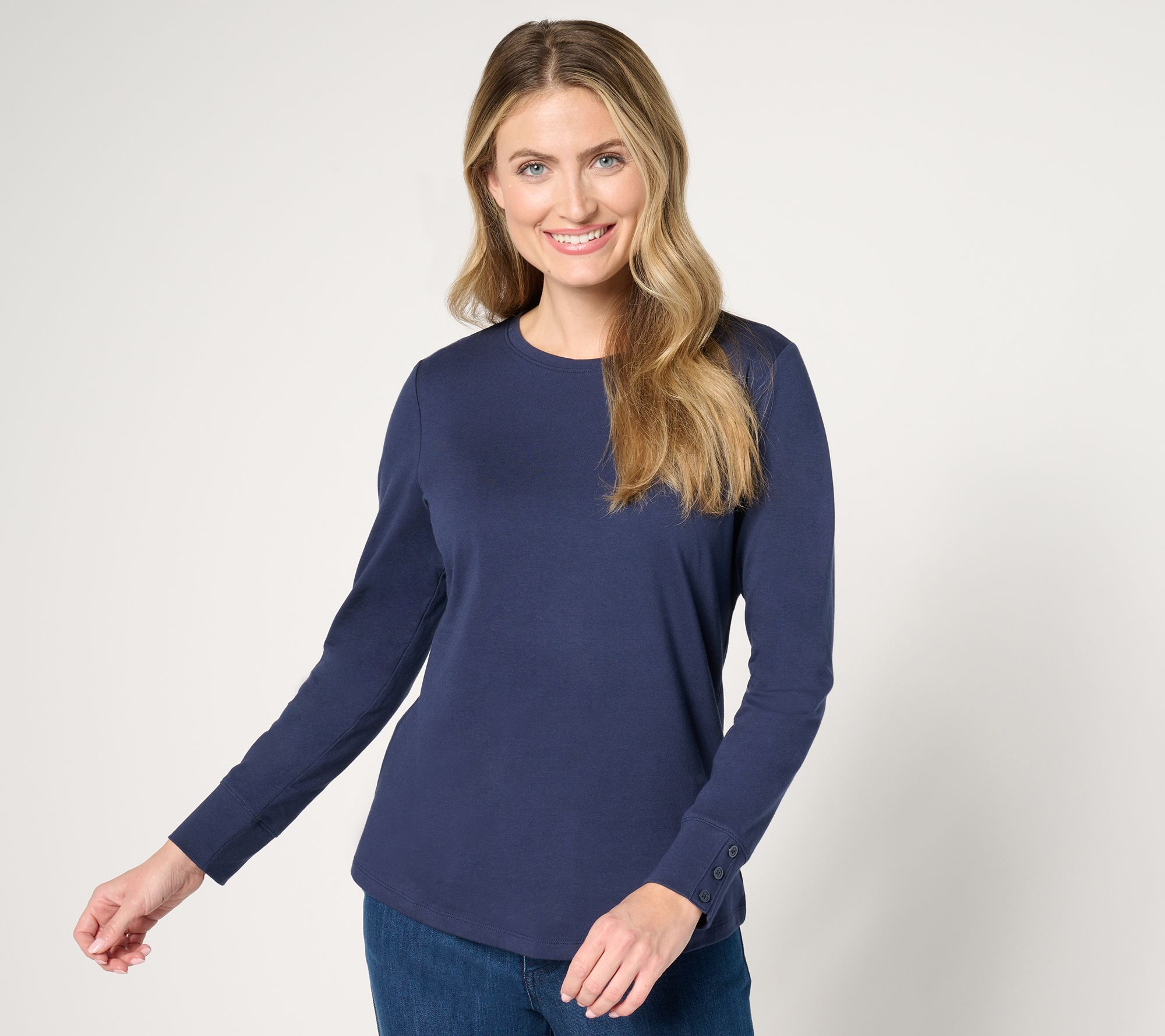 "As Is" Denim & Co. Essentials Perfect Jersey Crew Neck Top w/ Button Cuff