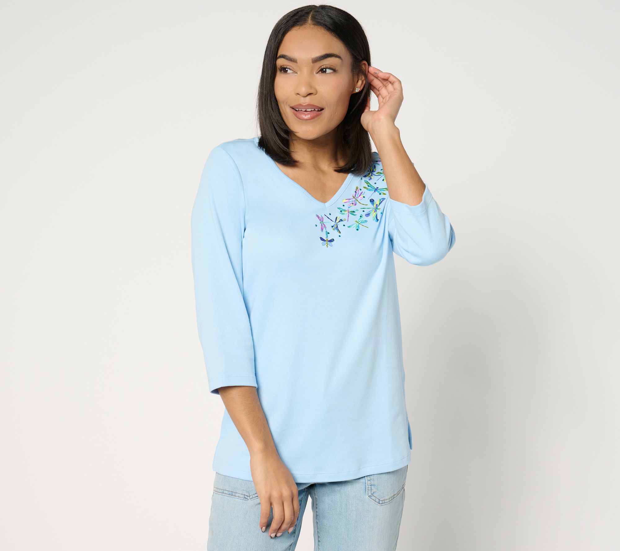 "As Is" Quacker Factory Embroidered Prints Charming V-Neck Top