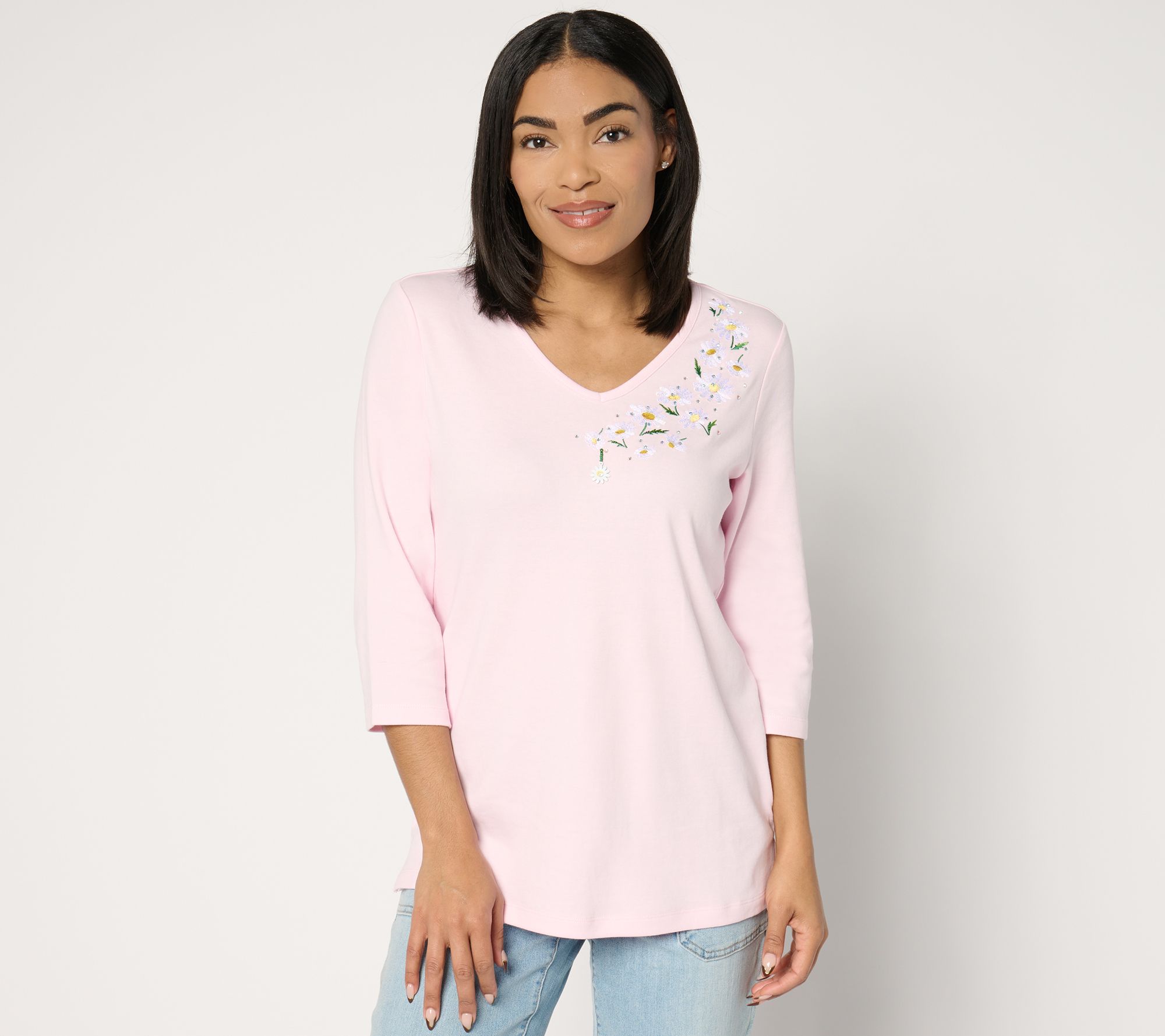 "As Is" Quacker Factory Embroidered Prints Charming V-Neck Top