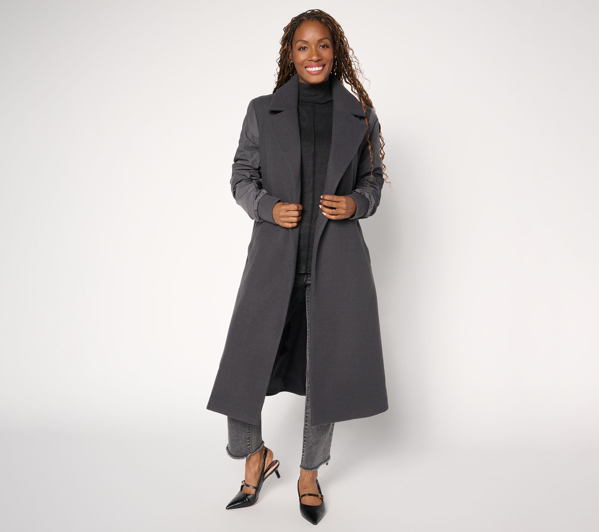 LOGO by Lori Goldstein Petite Ruched Sleeve Long Coat
