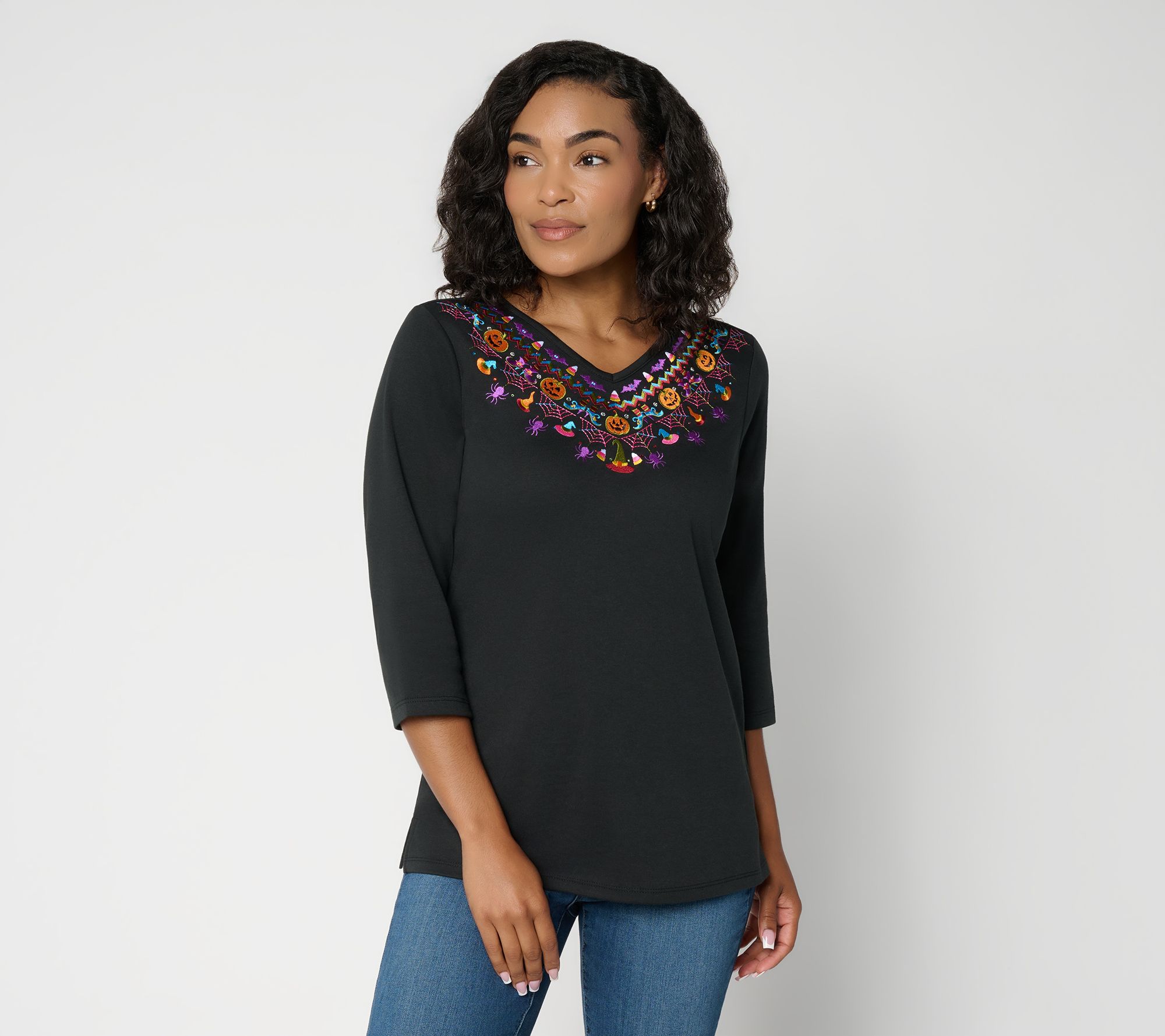 Quacker Factory Scare Isle V Neck 3/4 Sleeve Top